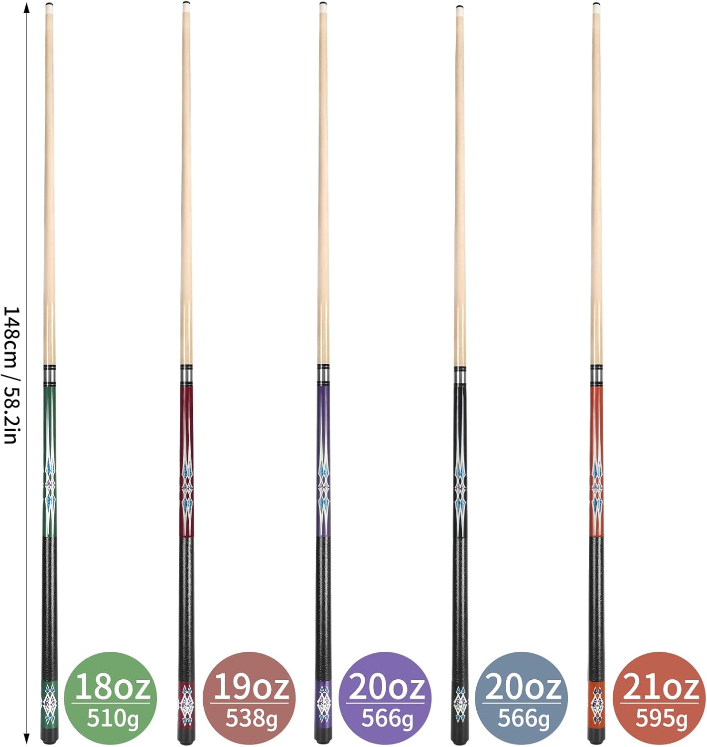 5er-Set Billardqueue, 5 Sets (Grün, Rot, Lila, Schwarz, Orange)