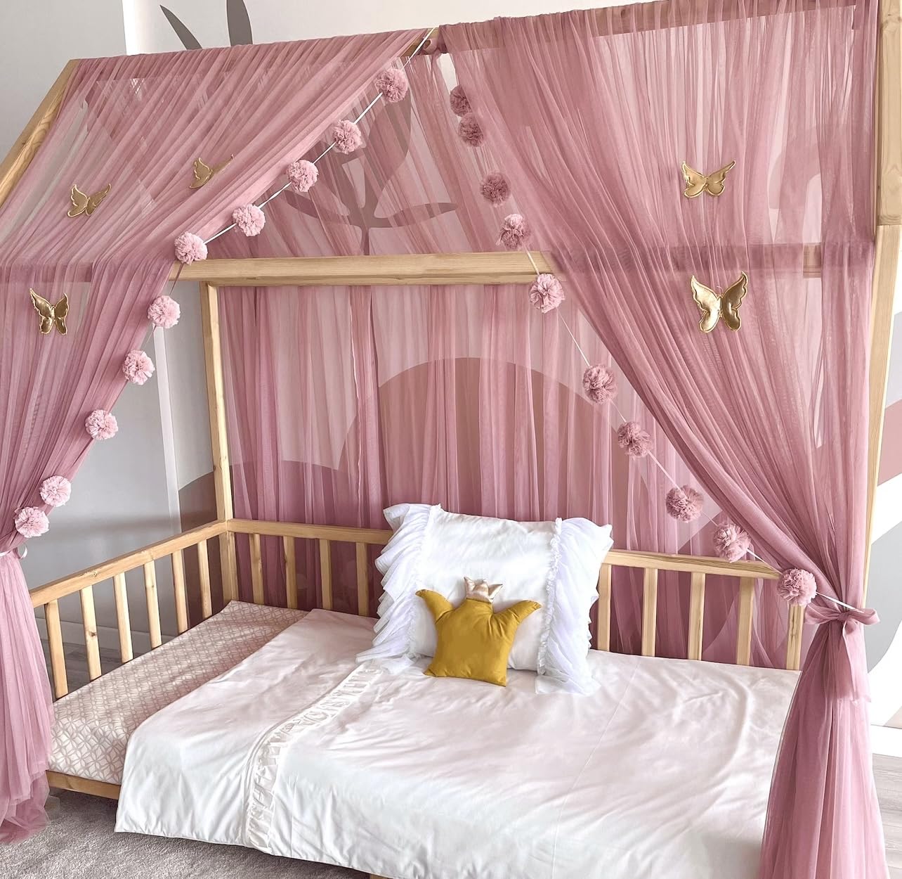 Betthimmel für Kinderzimmer, Altrosa 340cm, ohne Schmetterlinge