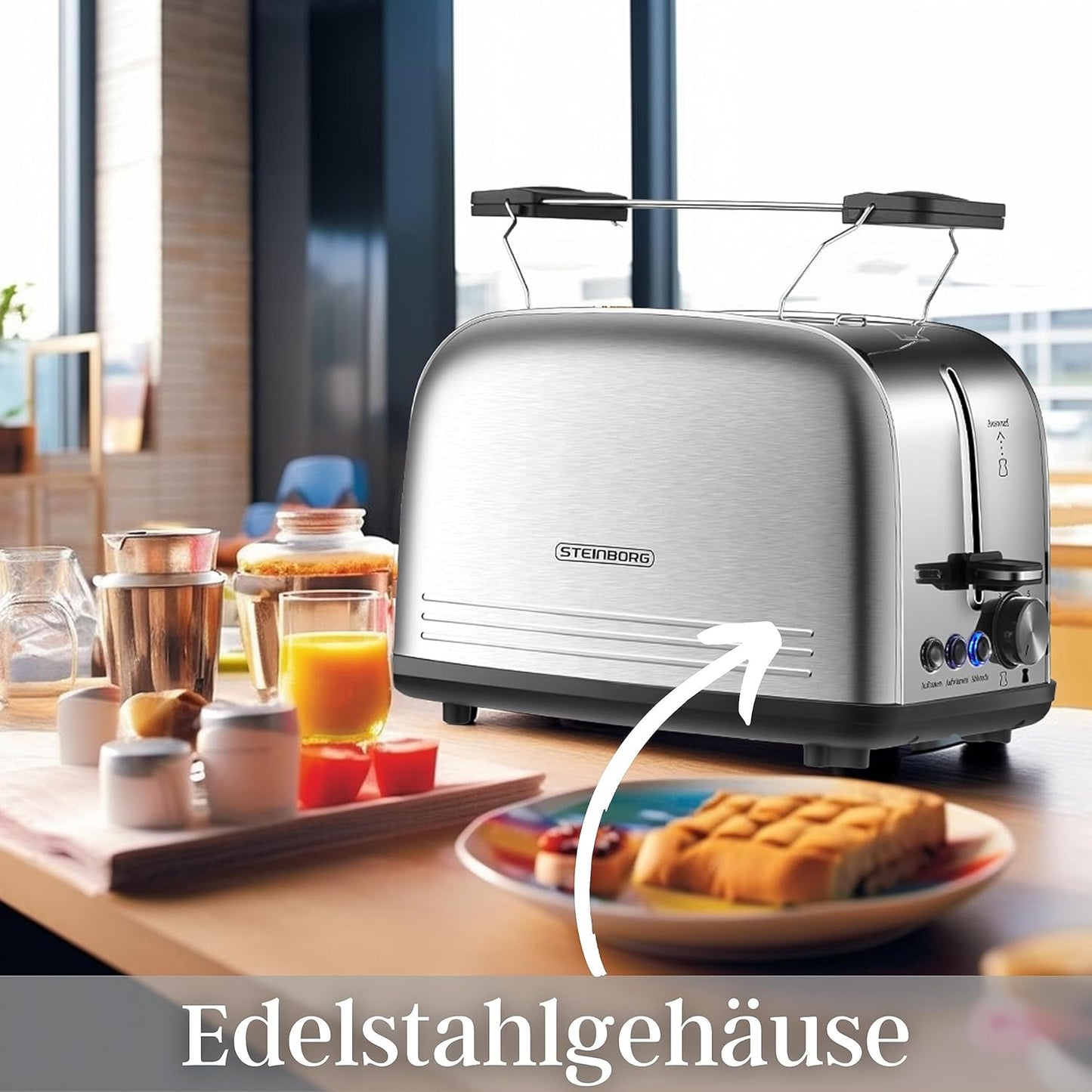 Edelstahl Doppelschlitz-Toaster mit Brötchenaufsatz