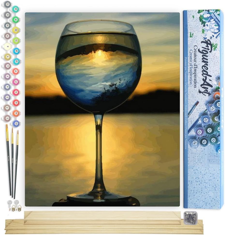 Malen nach Zahlen Set, Glas Wein und mit Aussicht auf den Horizont 40x50cm Mit Keilrahmen (nicht gespannt)