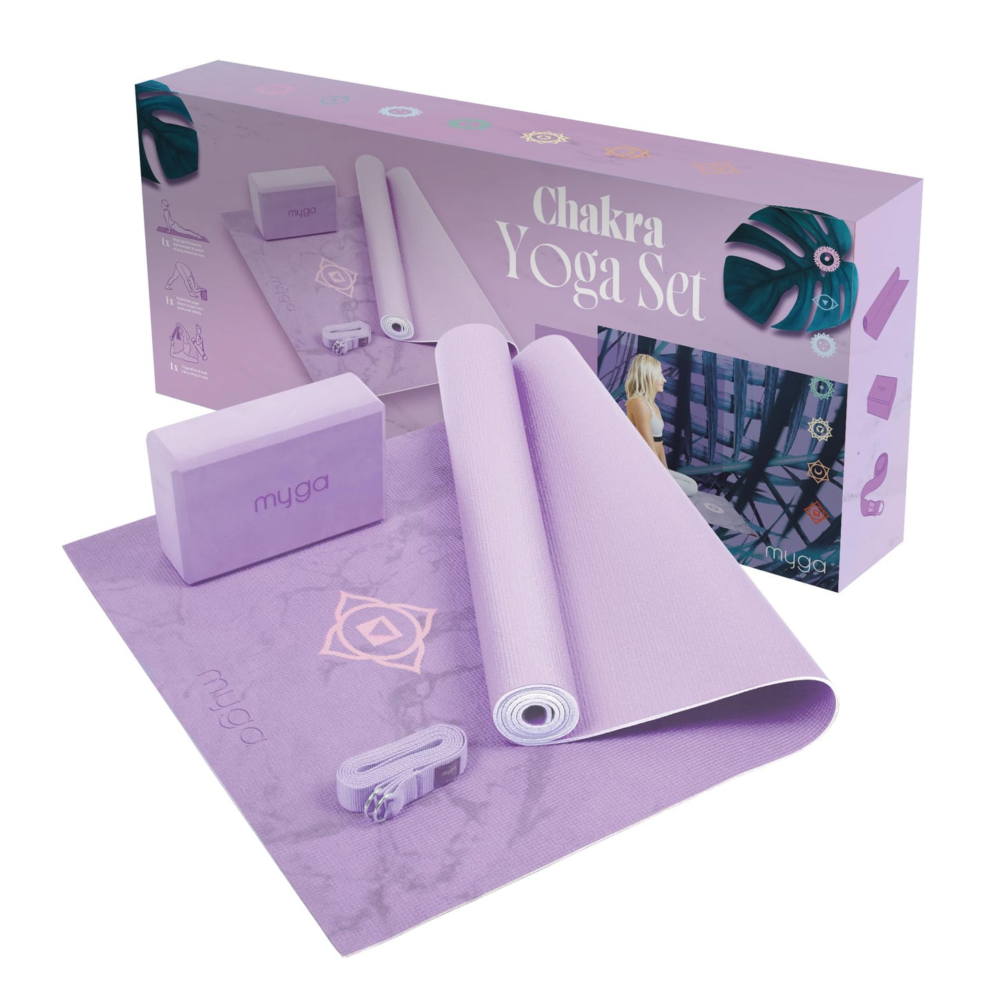Yoga Starter Kit mit Matte, Block & Gurt, Chakra
