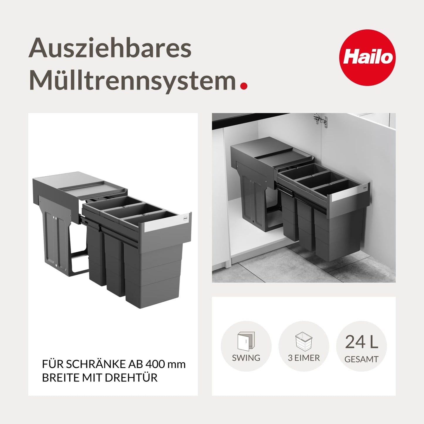 Abfalltrennsystem Terzett 3x8 Liter für Unterschränke, 3x 8 Liter