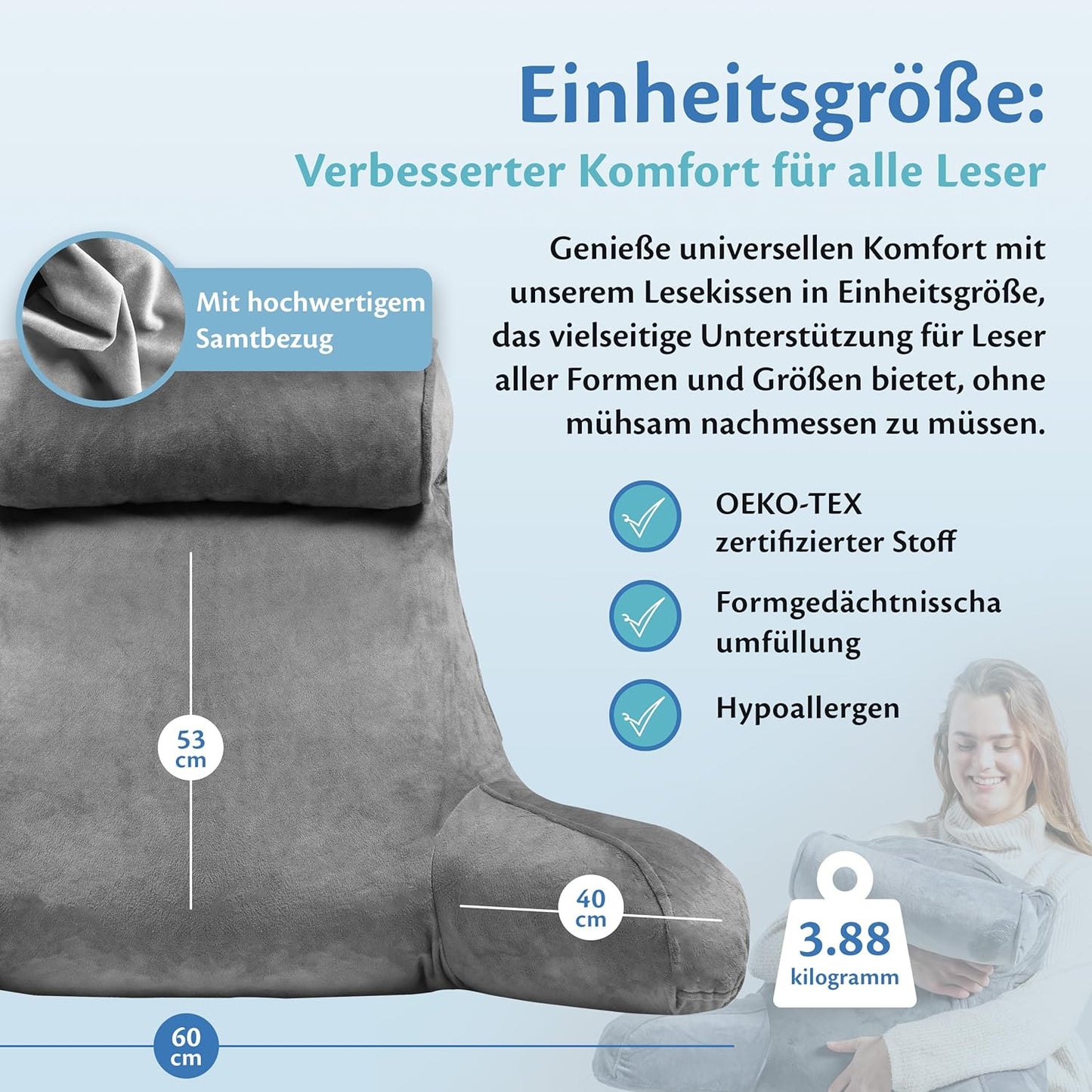Lesekissen mit Nackenrolle, Grau