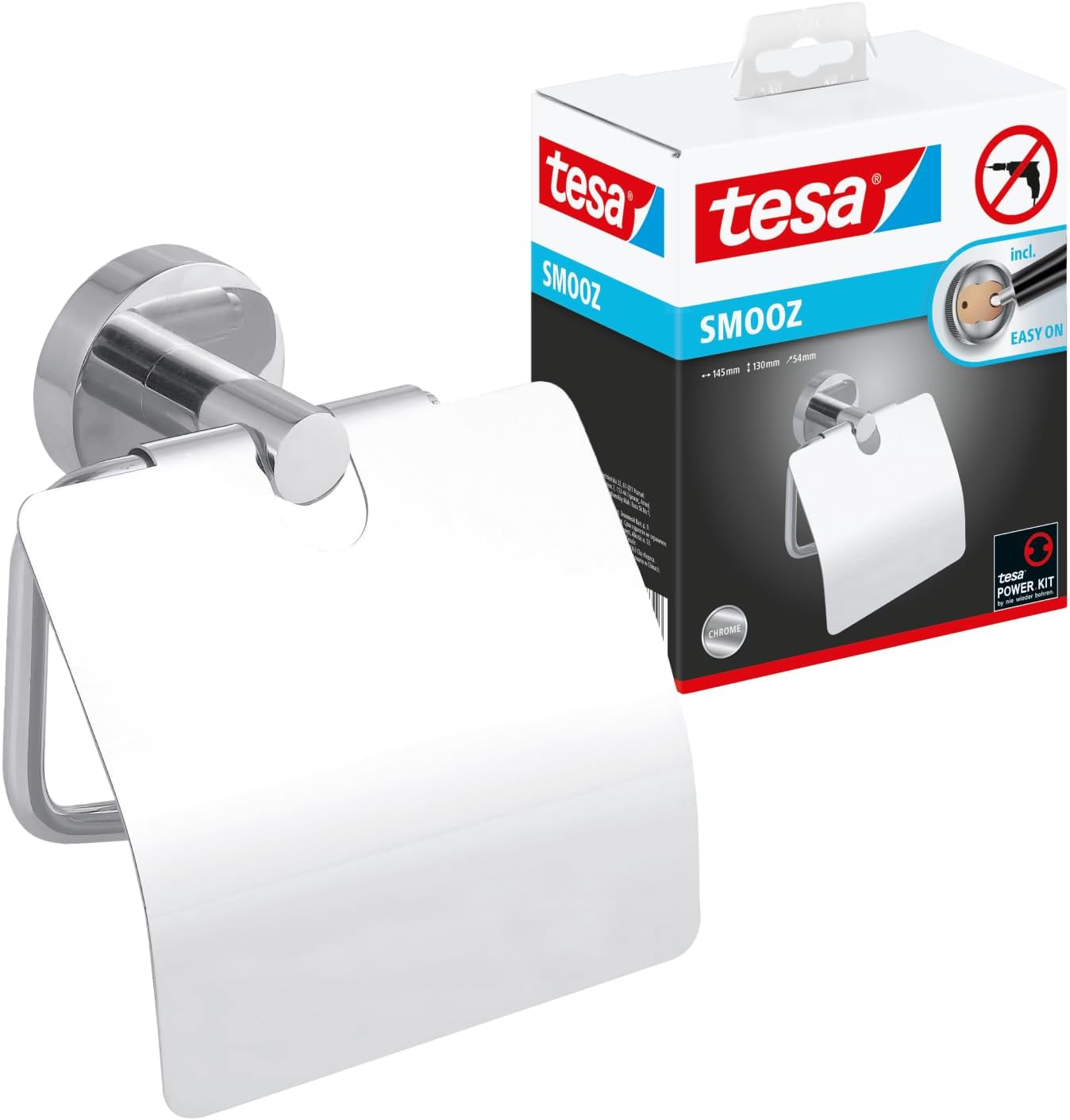 SMOOZ WC-Papierrollenhalter inkl. Klebelösung ohne Bohren, 145mm x 130mm x 54mm Toilettenrollenhalter (mit Deckel)