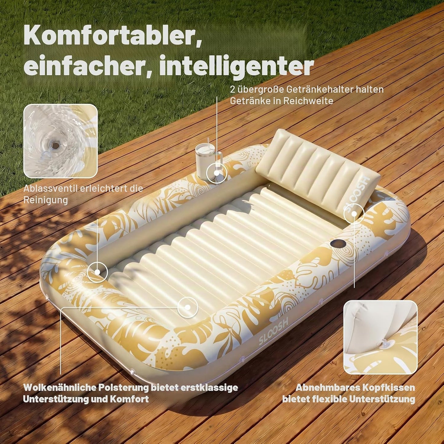 Aufblasbarer 4-in-1 Sonnenliegepool mit Kissen und Getränkehalter, Gold Weiss L