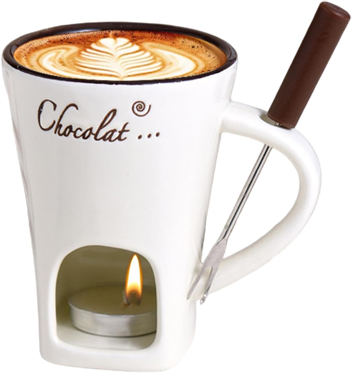 Schokofondue Tasse mit Gabel und Teelicht, Beige
