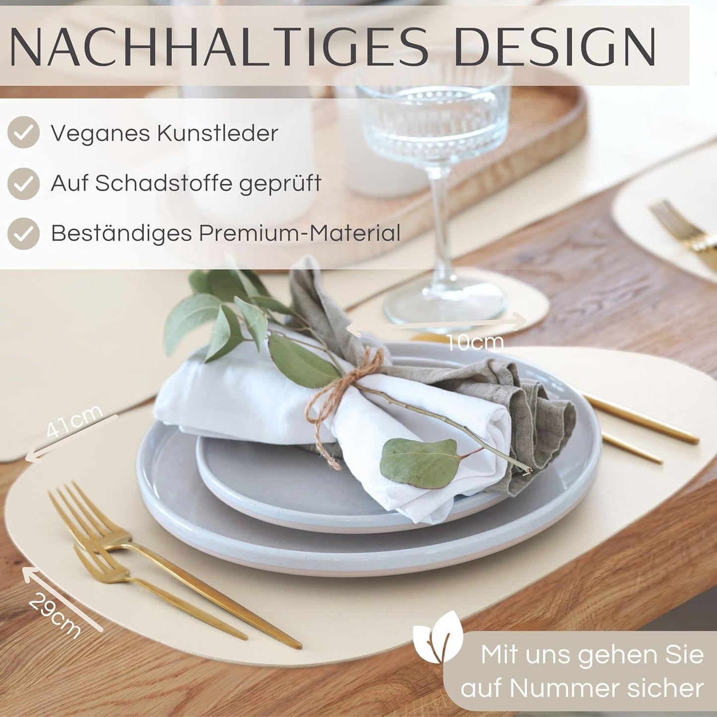 6er Set Premium Tischset aus Kunstleder, Cremebeige Oval