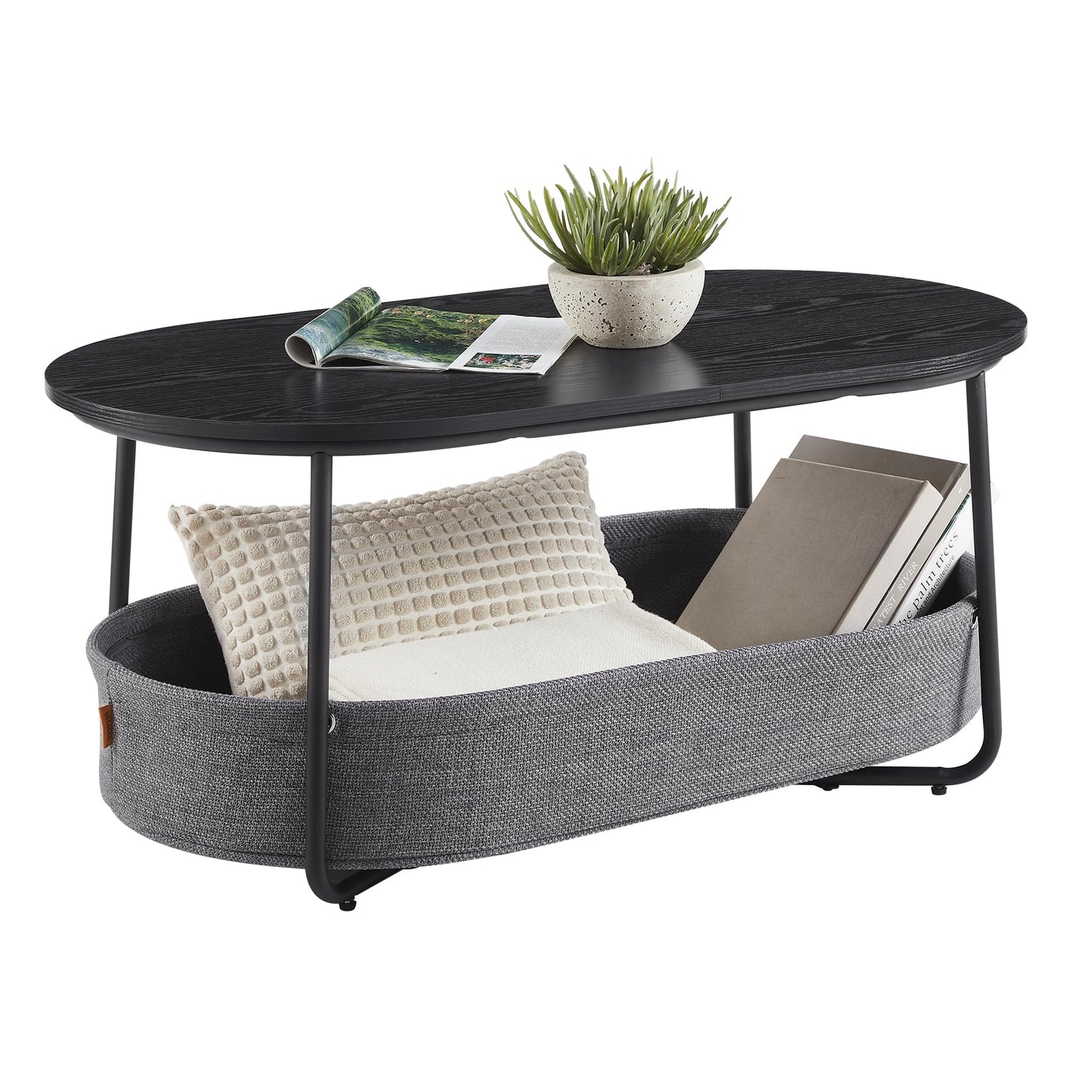Ovaler Couchtisch mit Stauraum und Stoffkorb, LCT222B56, Tintenschwarz + Schiefergrau oval