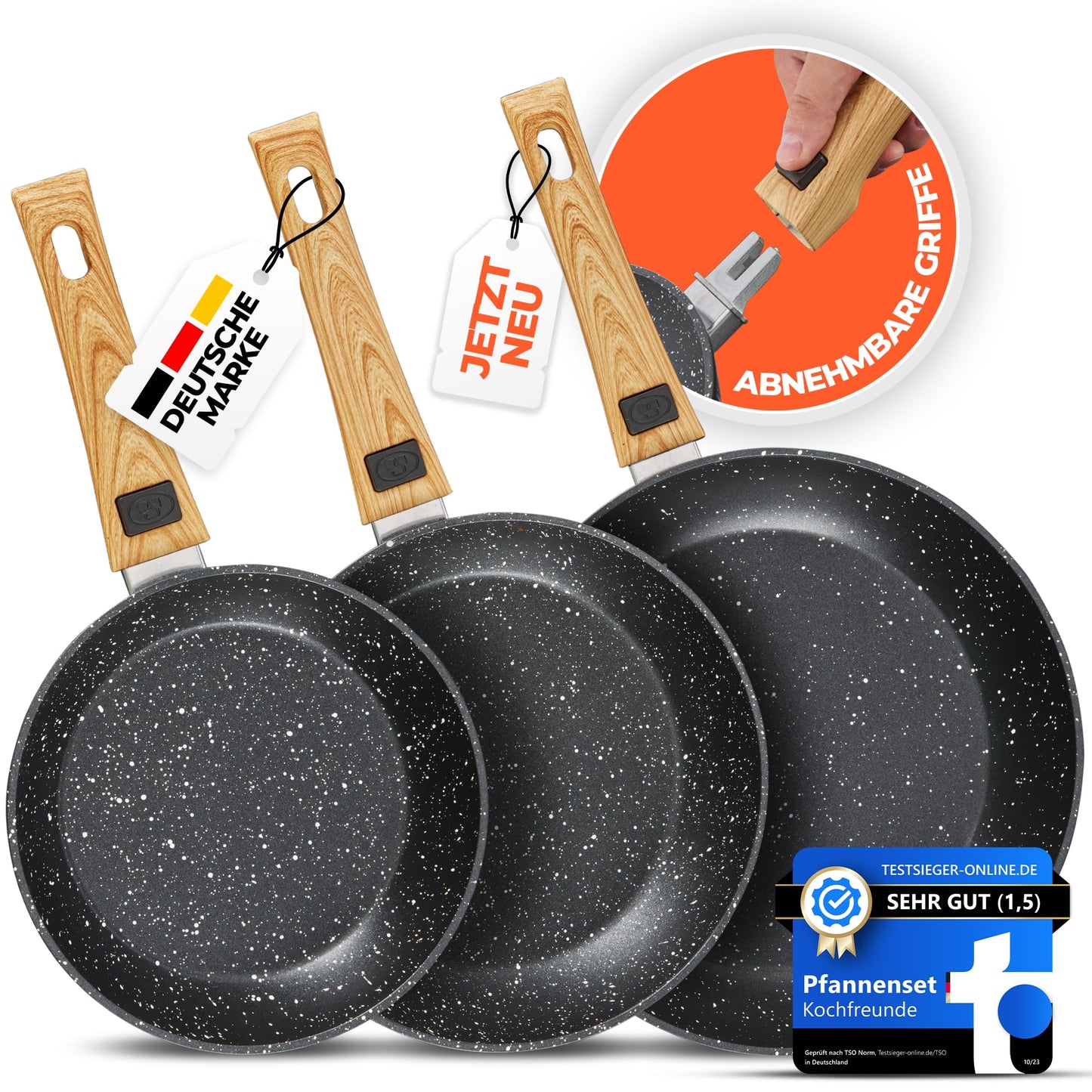 3-teiliges Pfannenset mit abnehmbarem Griff, Set 20 cm, 24 cm, 28 cm