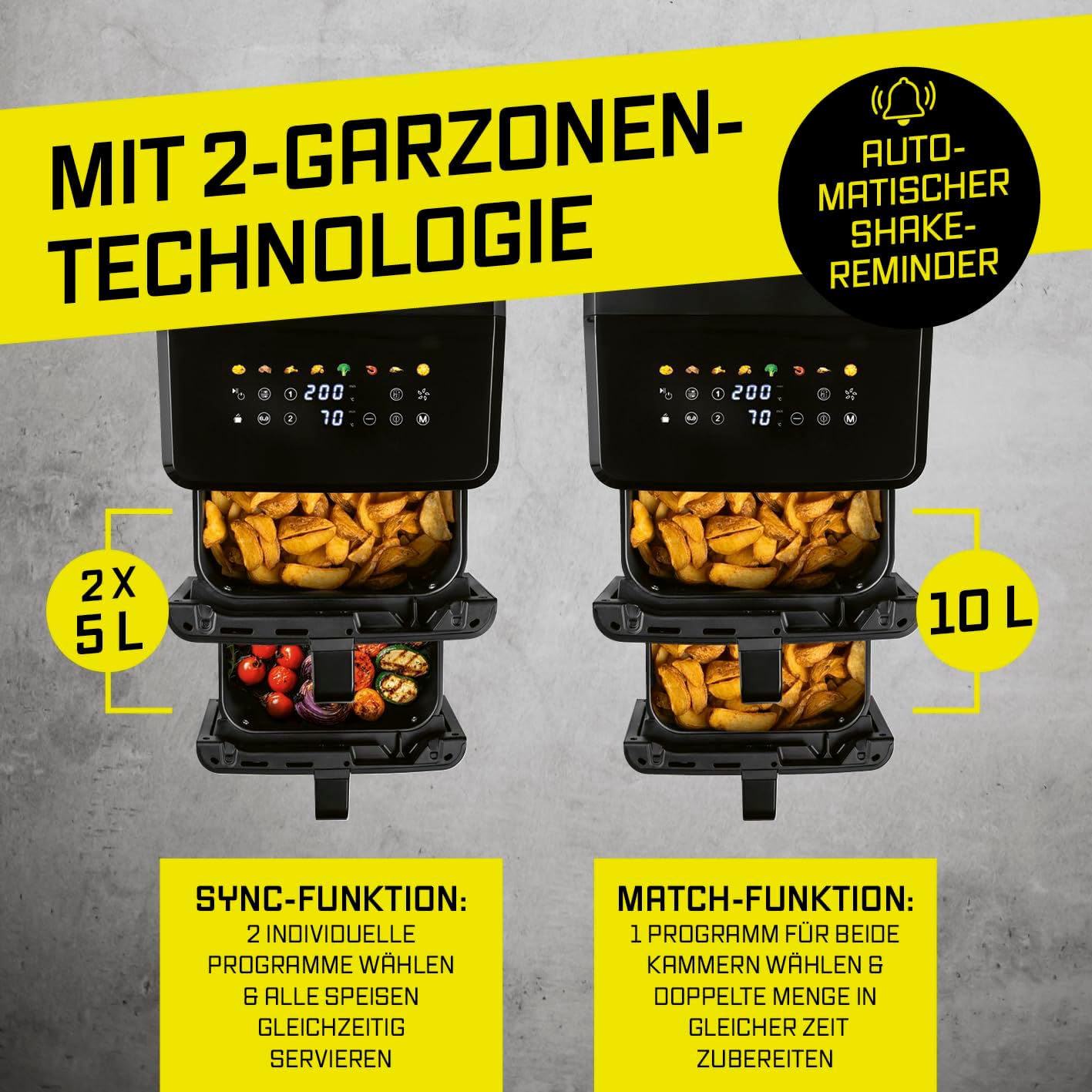 Doppelkammer-Heissluftfritteuse mit LED-Touchdisplay, 10 Liter (2x 5L)