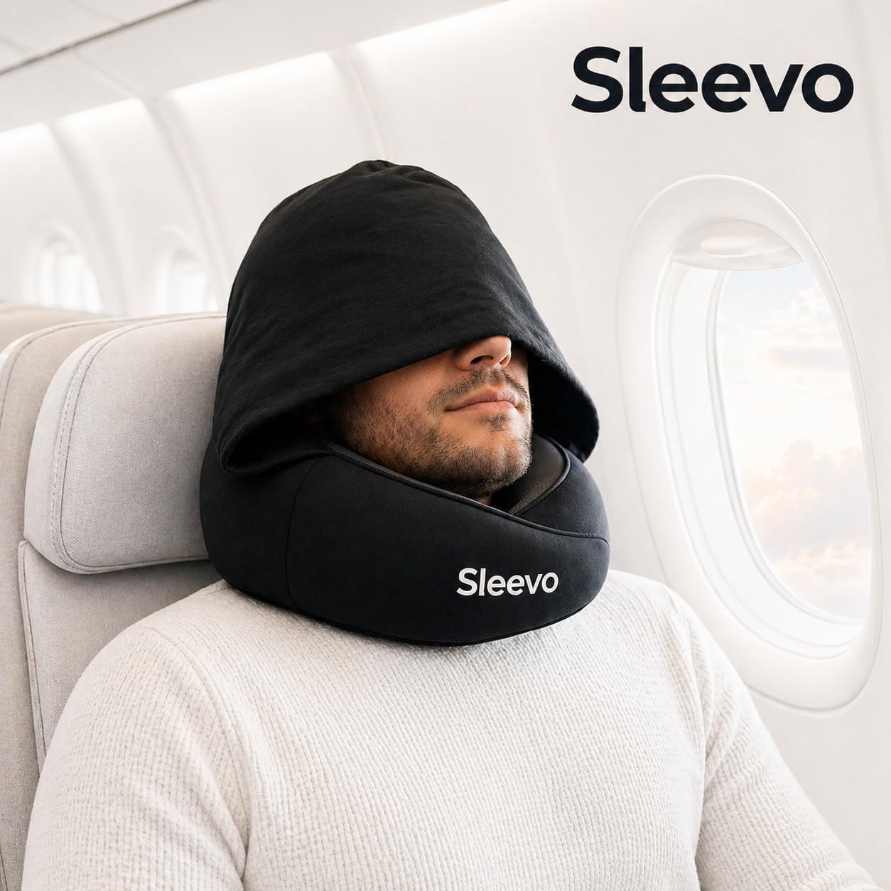 Ergonomisches Reisekissen mit Kapuze, Schwarz M