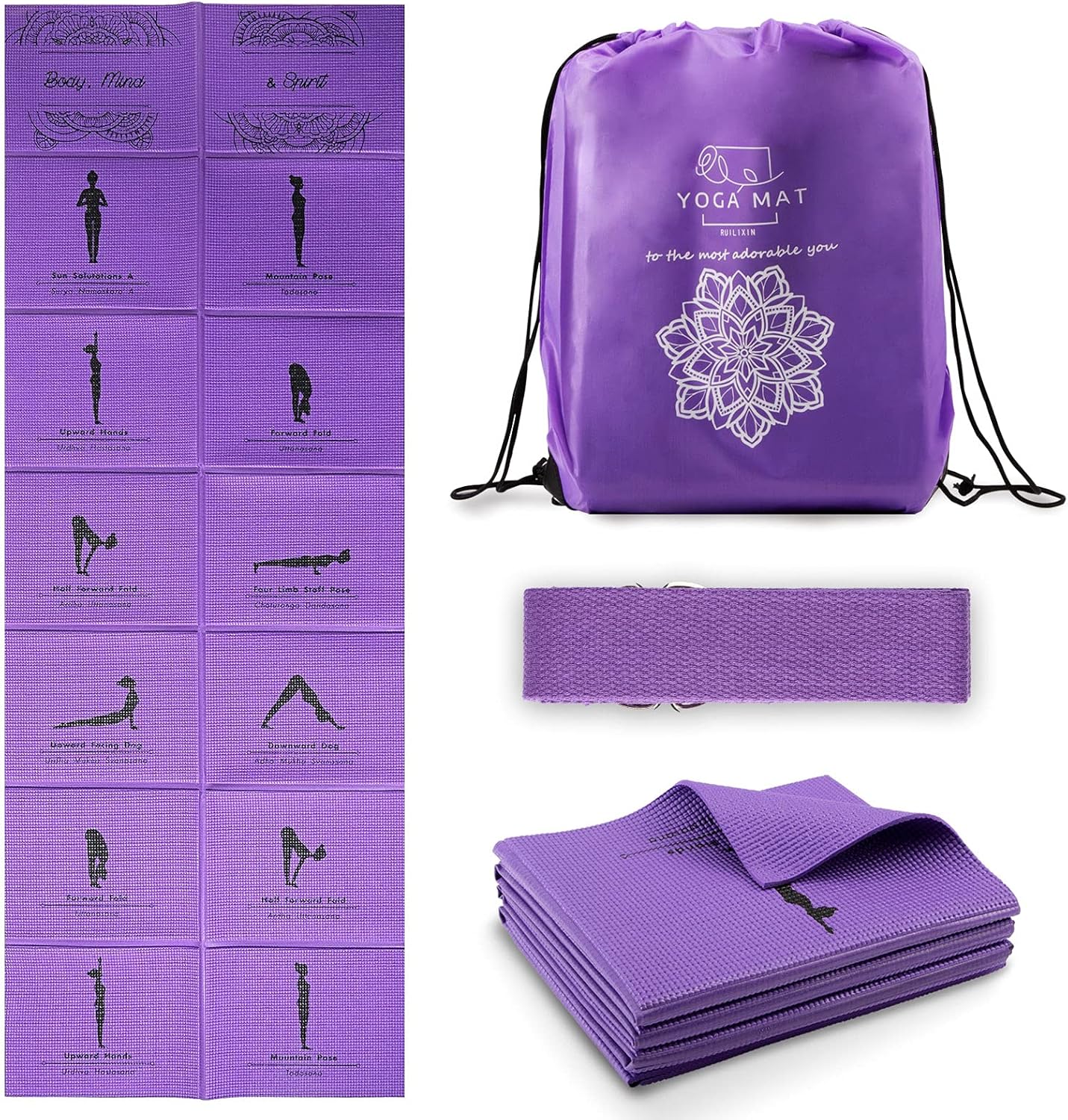 Rutschfeste Yogamatte mit Stretch Strap, Lila