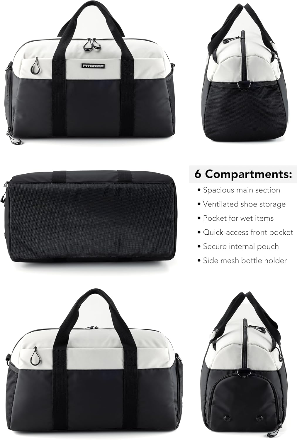 Sport- und Reisetasche mit Schuh- und Nassfach, Black / Creme White 47 x 25 x 27 cm (Small)