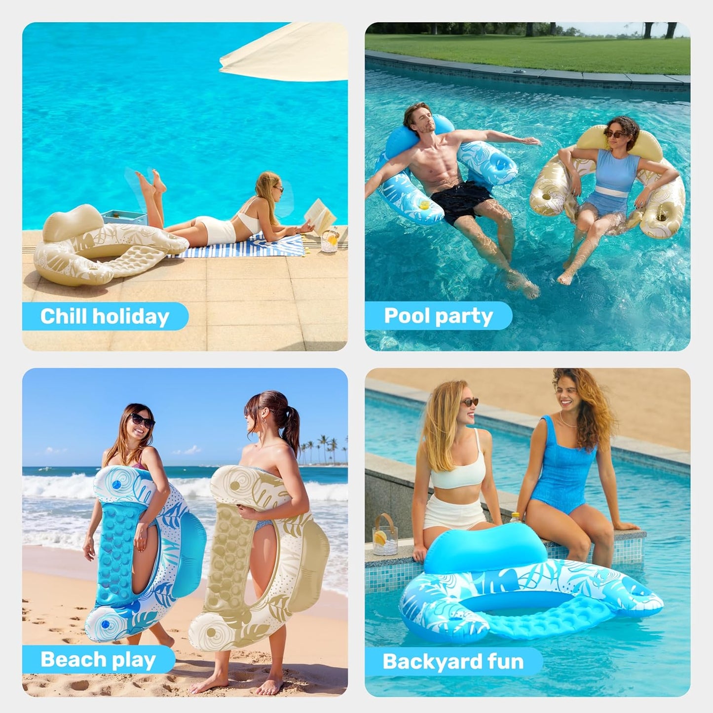 Aufblasbare Pool-Flösse mit Getränkehaltern, 2er-Set, Blau, Champagner