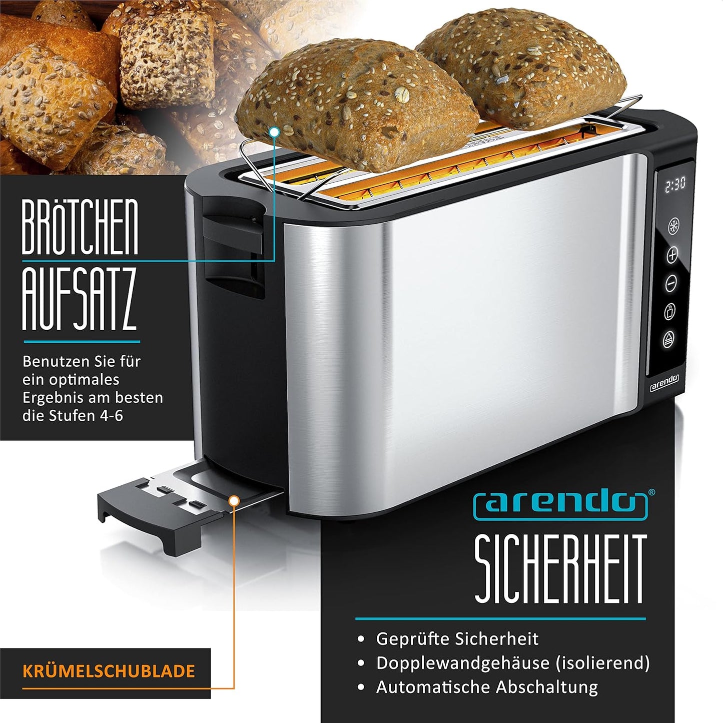 Langschlitz-Toaster für 4 Scheiben, C: Steelsilver