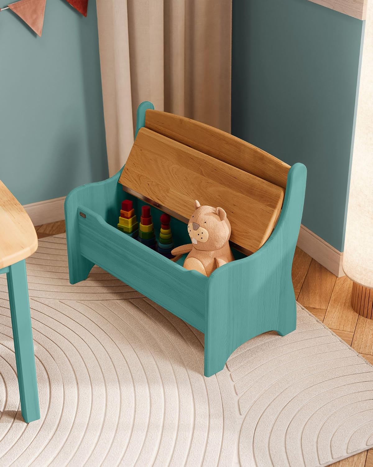 Kindersitzbank Levin mit Geheimfach, Ozeanblau & Erle