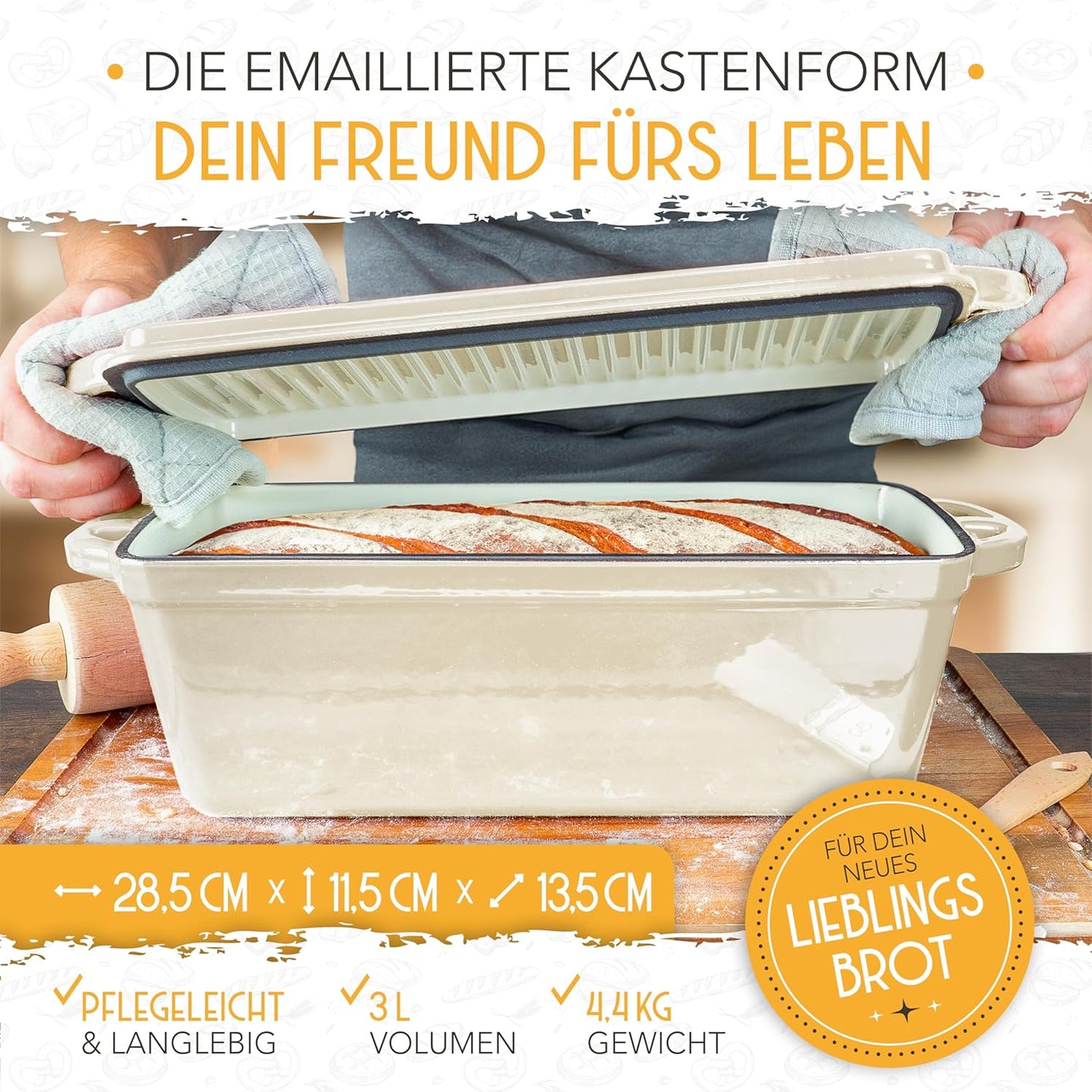 Brotbackfrom mit Deckel inkl. Gärkorb, Creme Kastenform