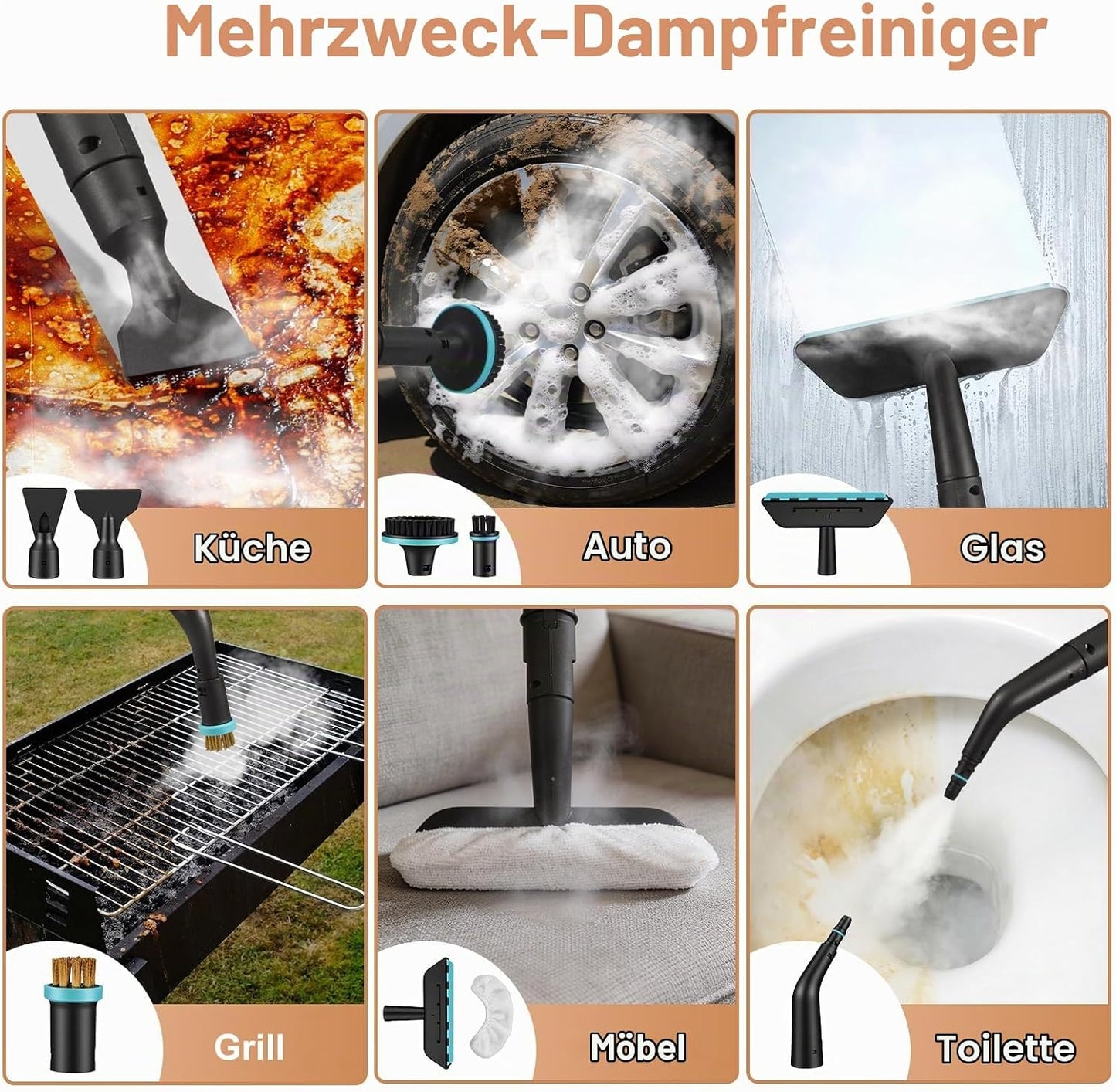 Dampfreiniger mit 12 Zubehörteilen, Schwarz