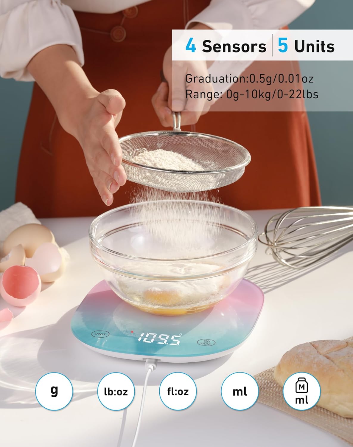 Digitale Küchenwaage mit App und Kalorienzähler, Bunt