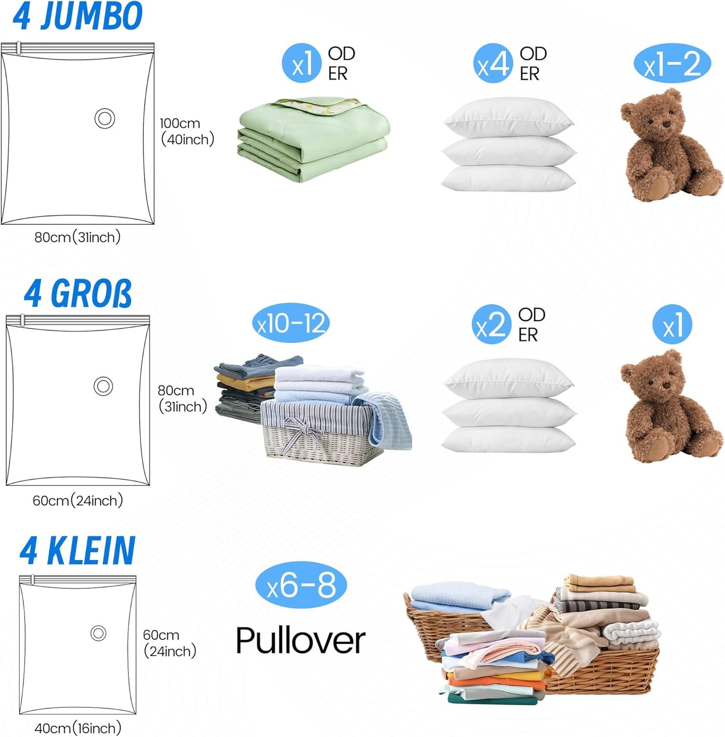 12-teiliges Vakuumbeutel-Set in 3 Grössen inkl. Pumpe
