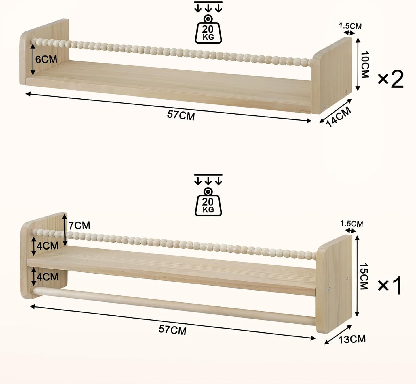 Kinder Bücherregal Wand 3er-Set aus Massivholz, 60 x 15 x 14 cm Naturholzfarbe