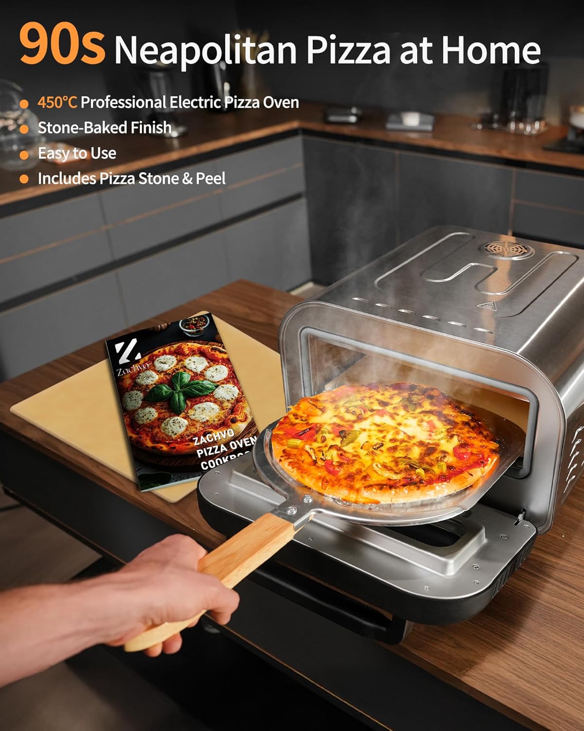 Elektrischer Pizzaofen mit 5 Programmen & Zubehör, mit Pizzaschieber&Pizzastein&Rezepten Silber