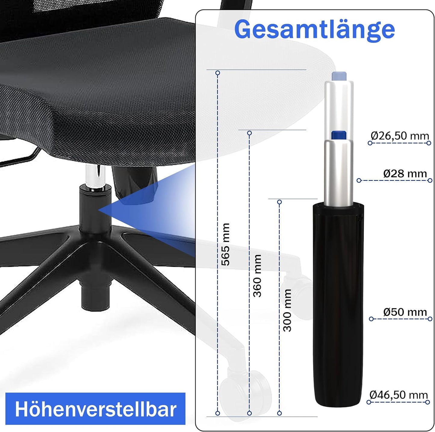 Gasdruckfeder für Bürostuhl bis 200kg belastbar, 565 mm Gesamtlänge Schwarz