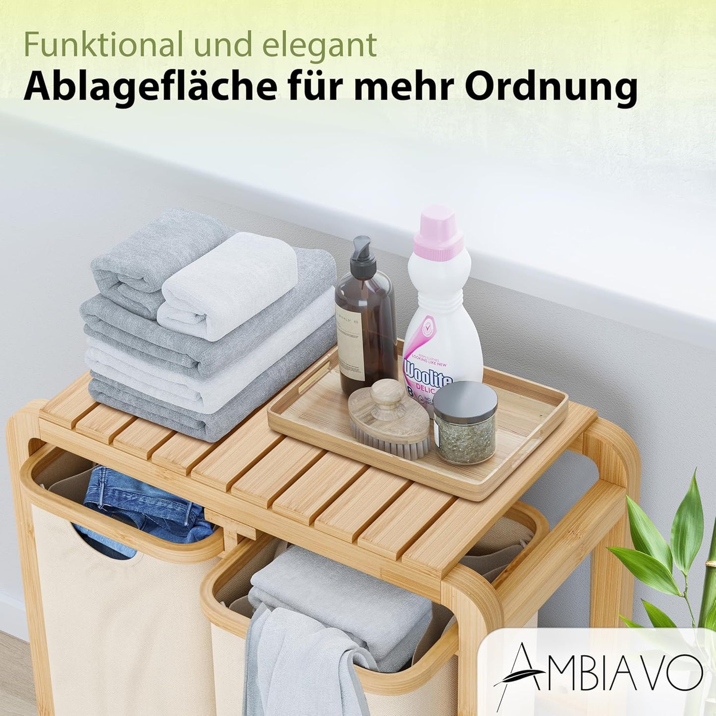 Wäschekorb mit 2 Fächern & Ablage, 2 Fächer Beige