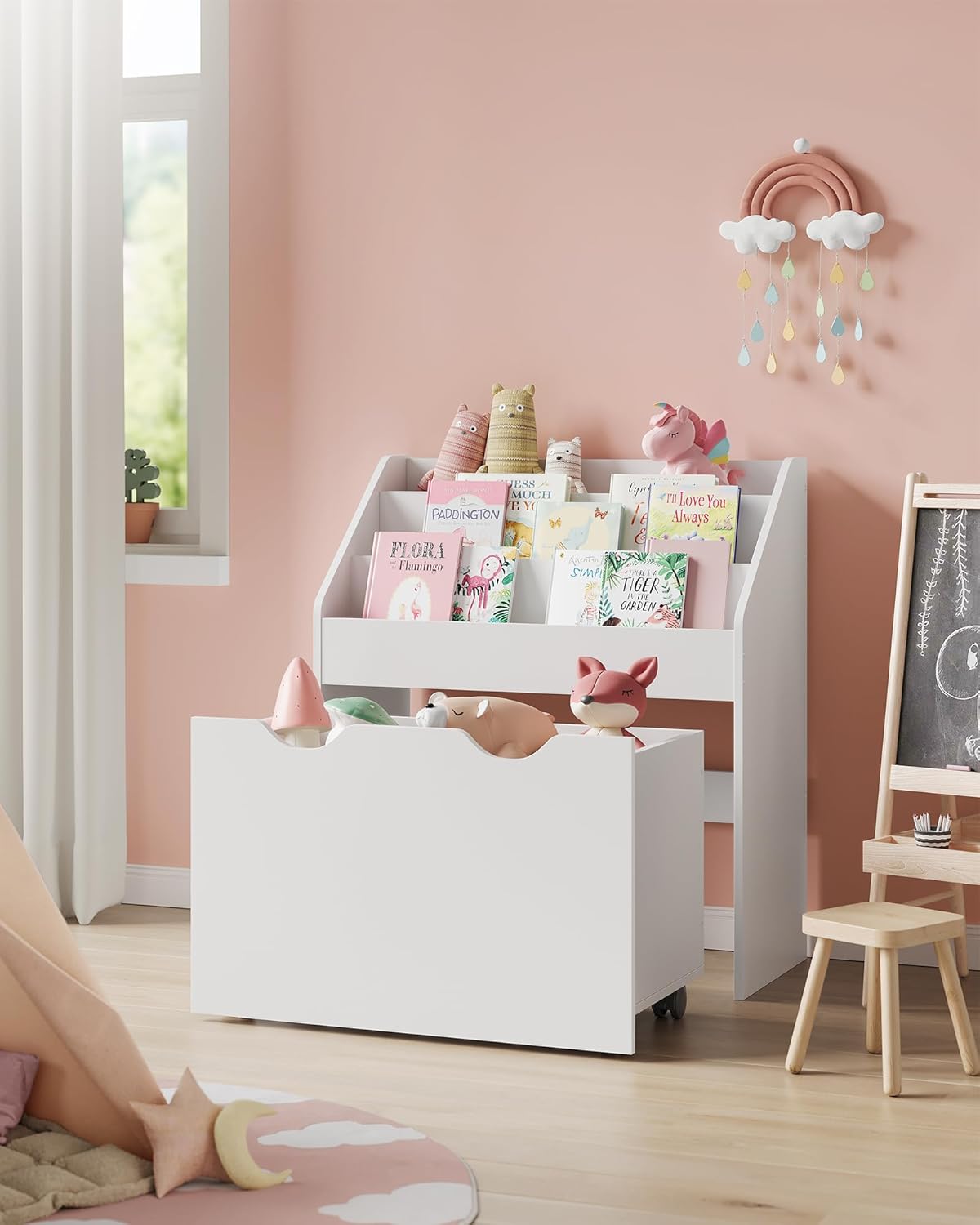 Kinder-Bücherregal mit Aufbewahrungsboxen auf Rollen, Weiss