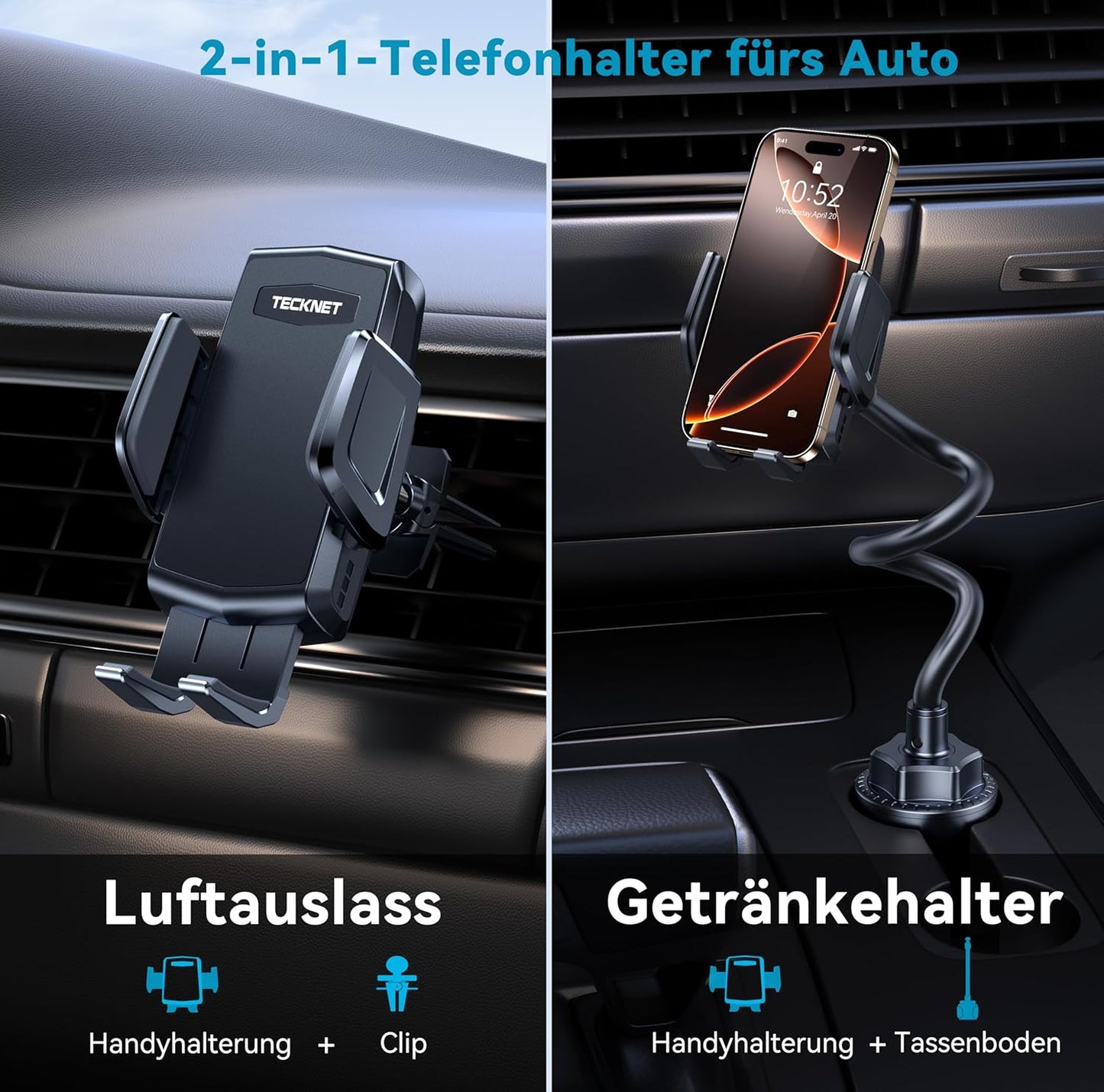 Handyhalterung für Lüftung & Getränkehalter, Schwarz