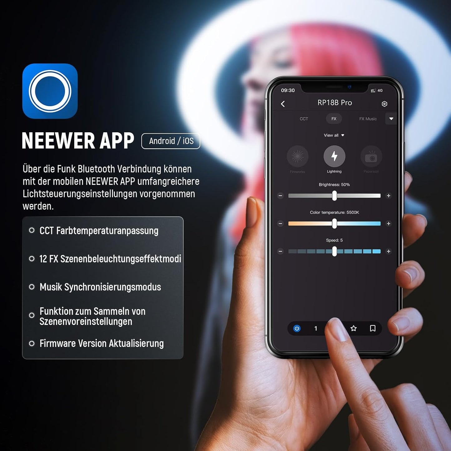 Ringlicht RP18B Pro mit Stativ und Handyhalterung, RP18B Pro mit Reinigungstuch