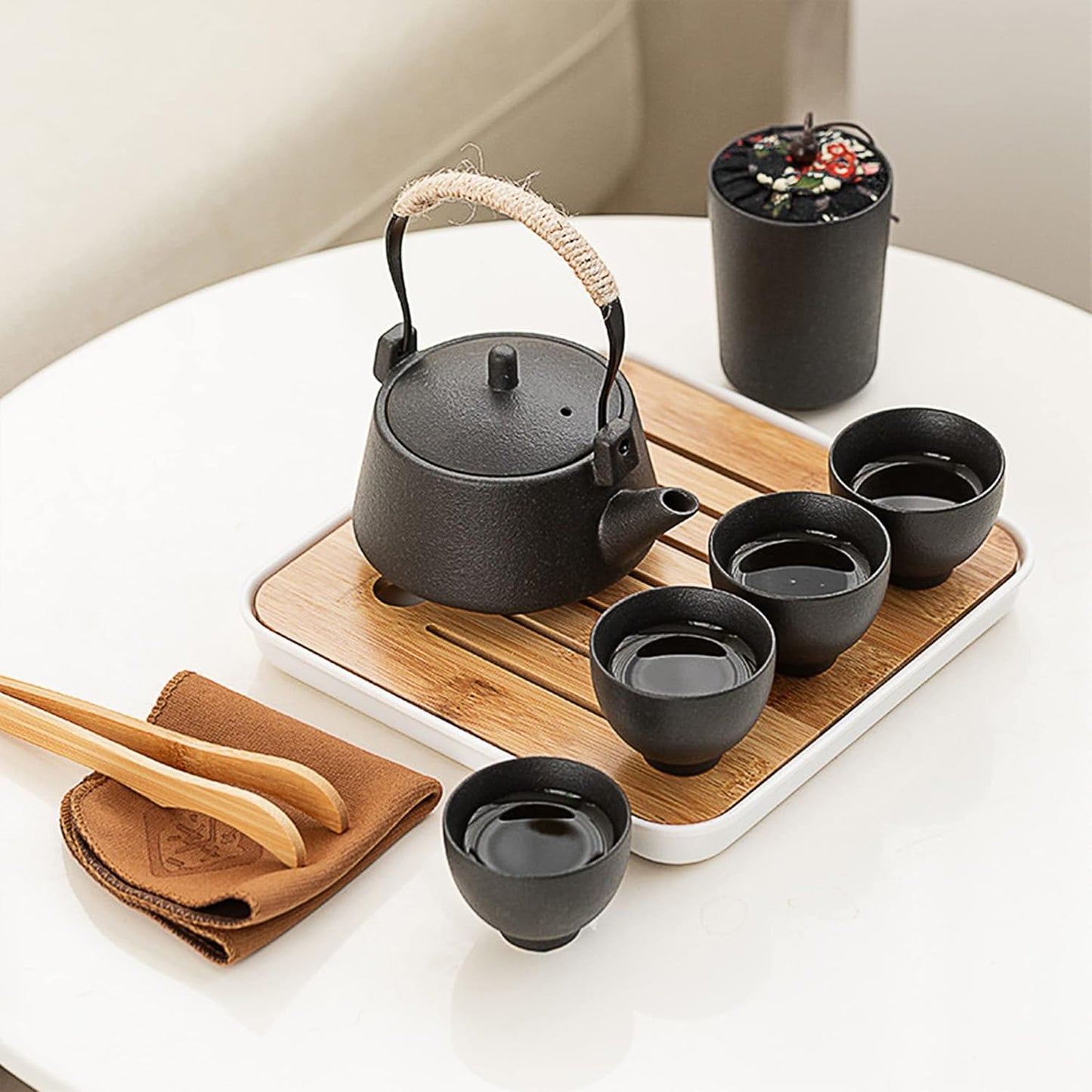 Reise Tee Set mit Teekanne und Reisetasche, Schwarz
