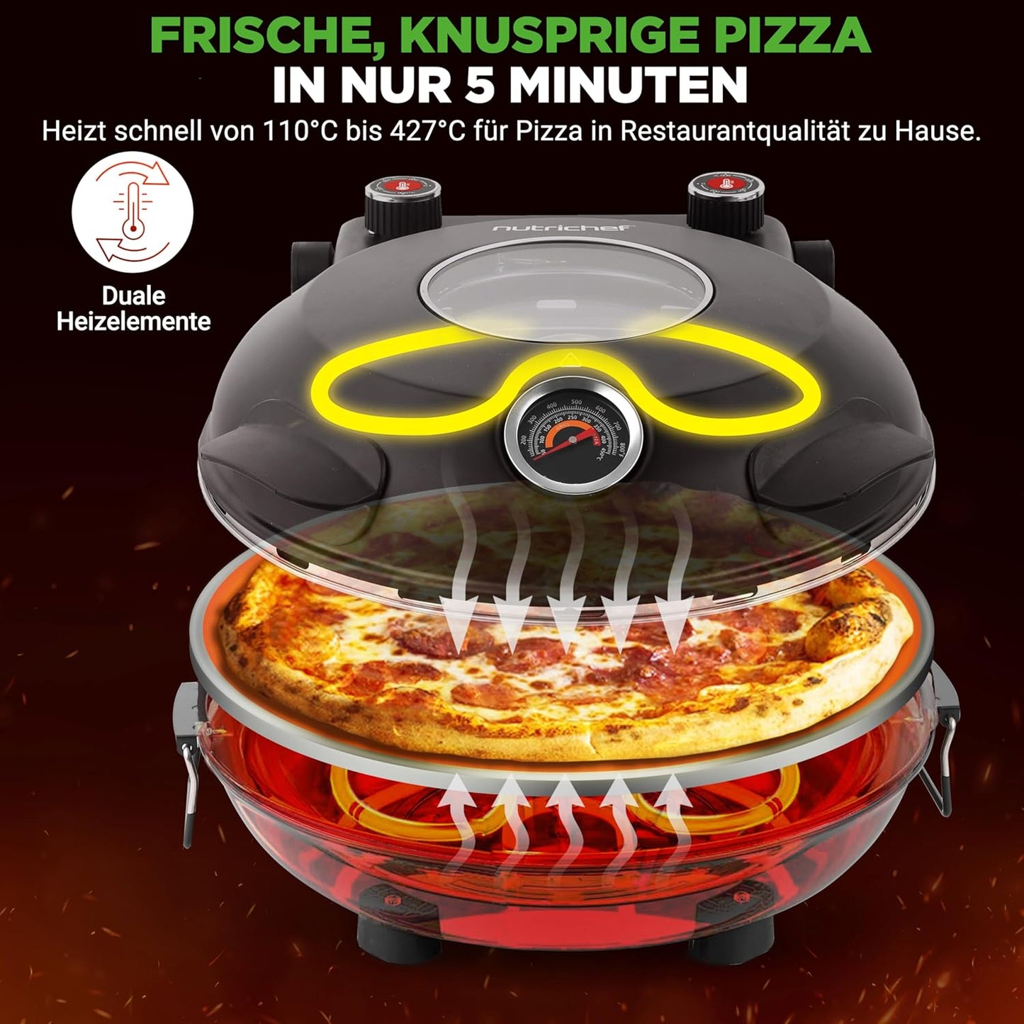Elektrischer Pizzaofen mit Stein (30 cm, bis 426°C), Black