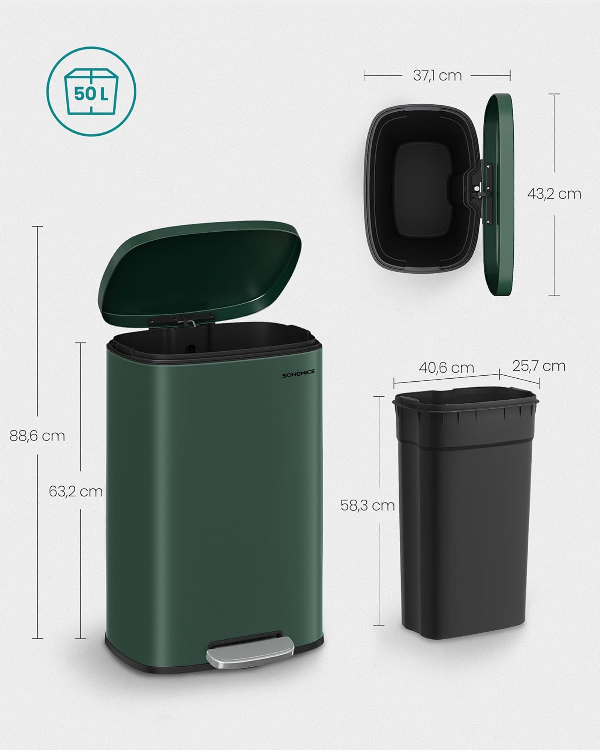 Treteimer LTB050C02 mit Softclose-Funktion, Vintagegrün 50 L