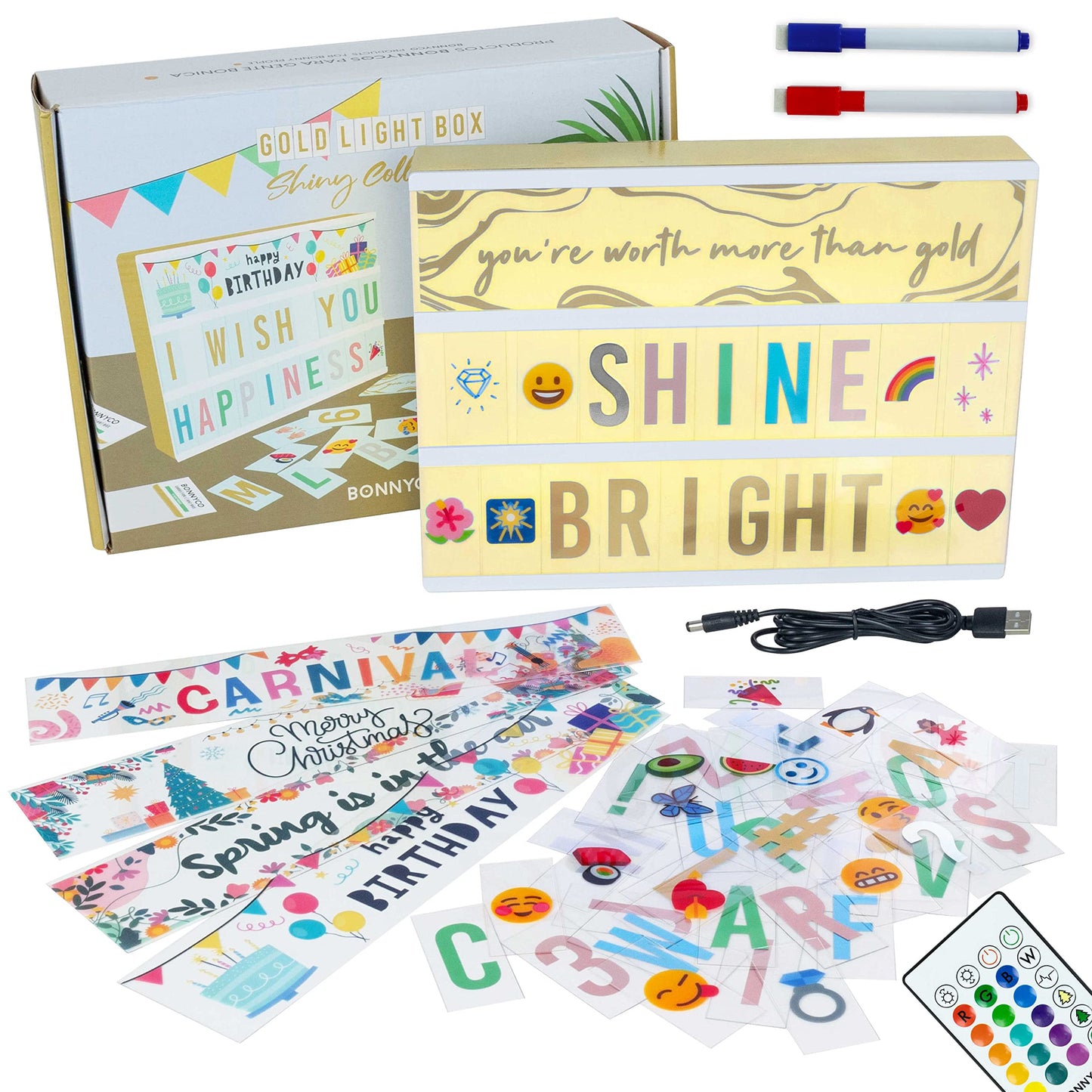 Light Box Shiny Gold A4 mit Buchstaben und Emojis, Gold