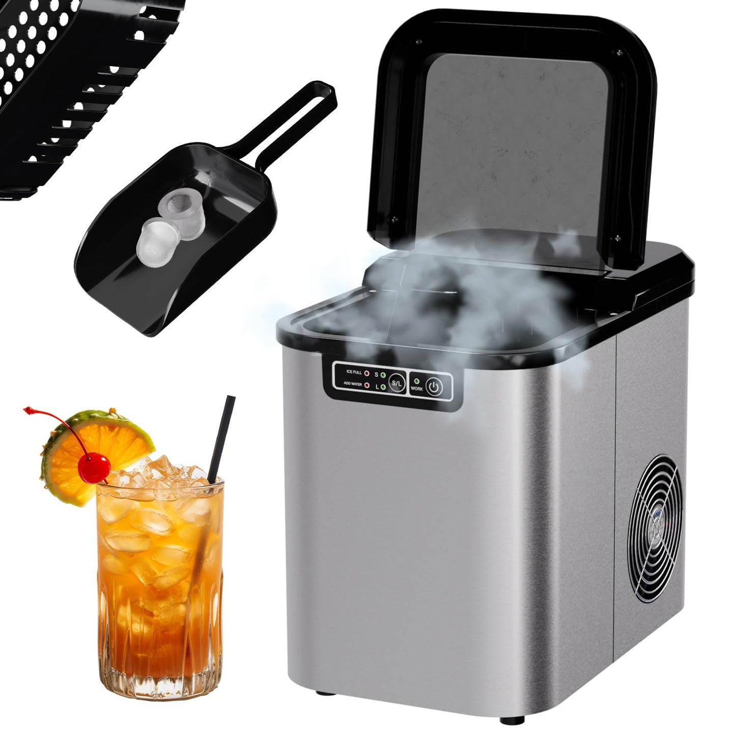 Eiswürfelmaschine mit Selbstreinigung, Edelstahl (Silber)