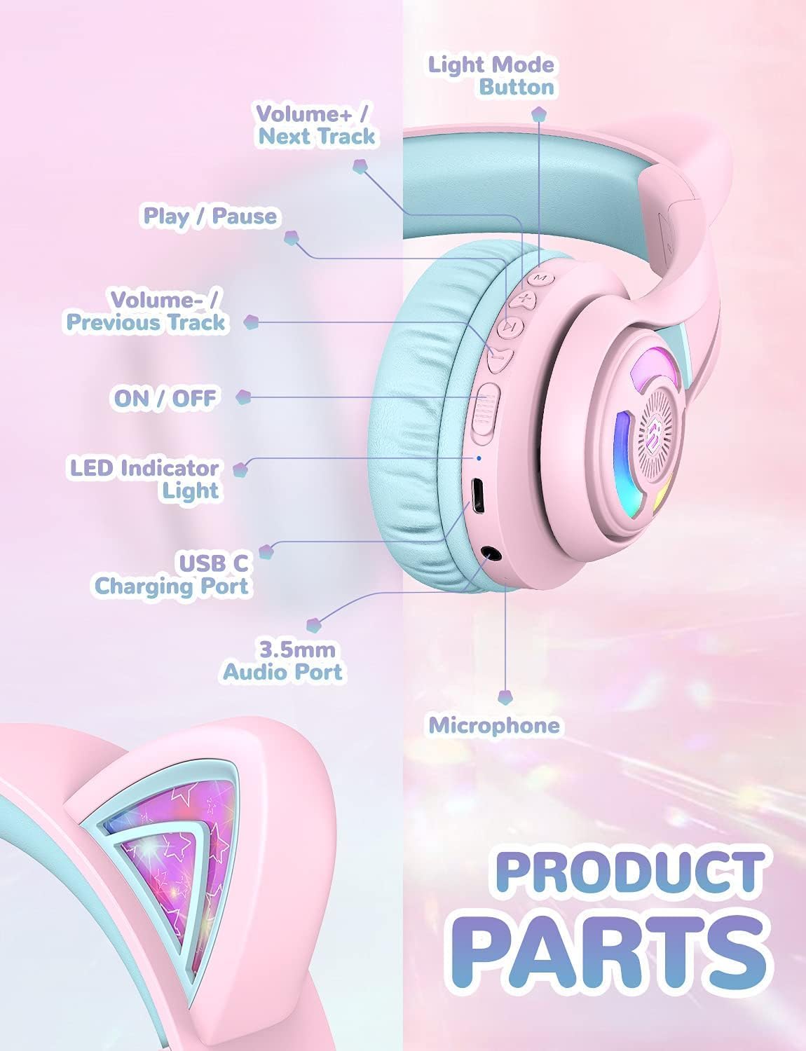 Bluetooth-Kinderkopfhörer mit LED-Katzenohren, Rosa