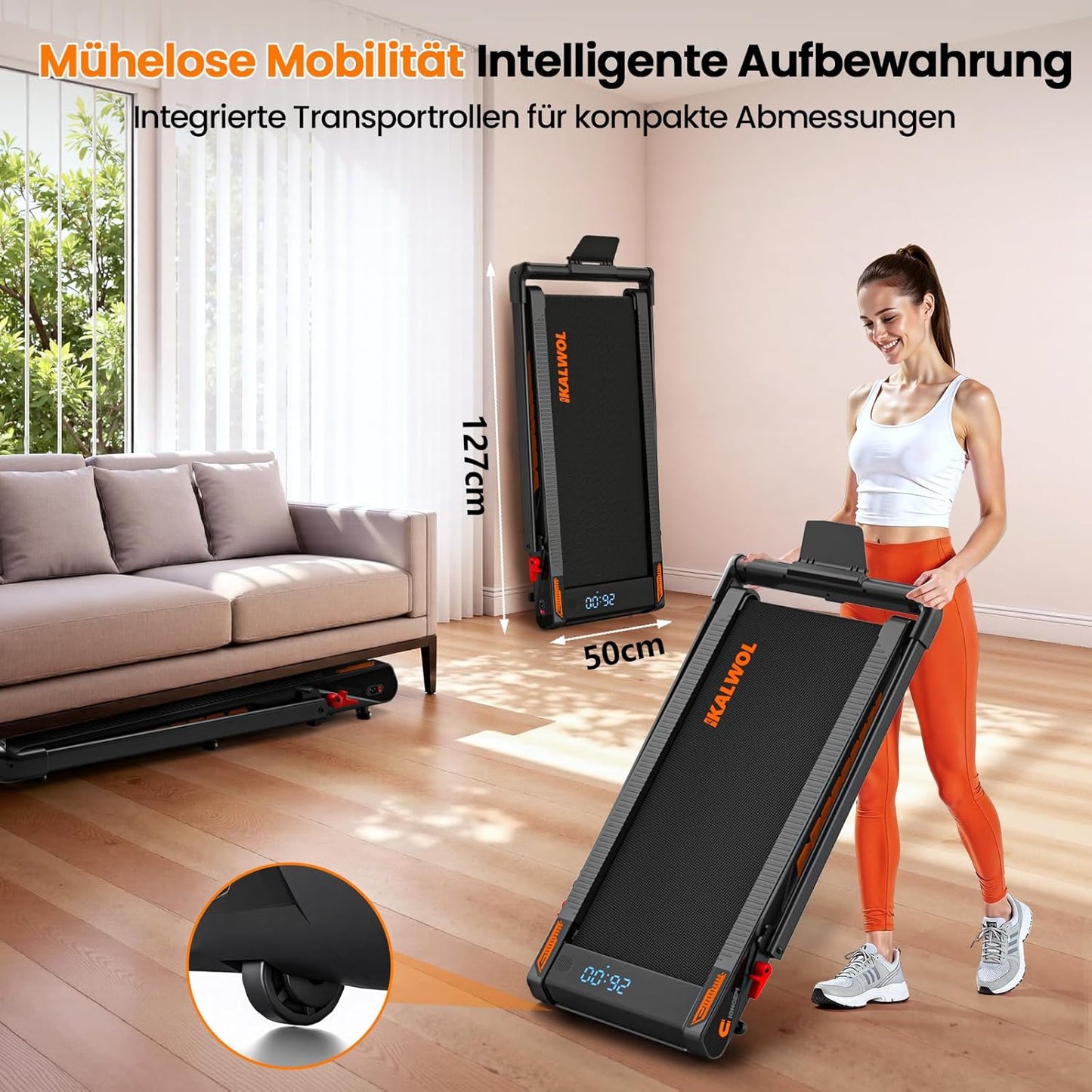 Bluetooth-Laufband mit Steigung & HIIT, Schwarz-orange