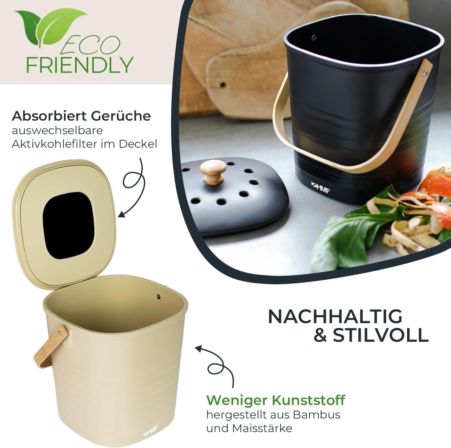 Geruchsdichter Biomülleimer, Beige 6 L
