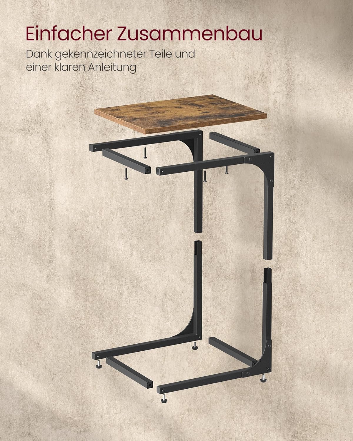 C-förmiger Beistelltisch, Vintagebraun + Schwarz