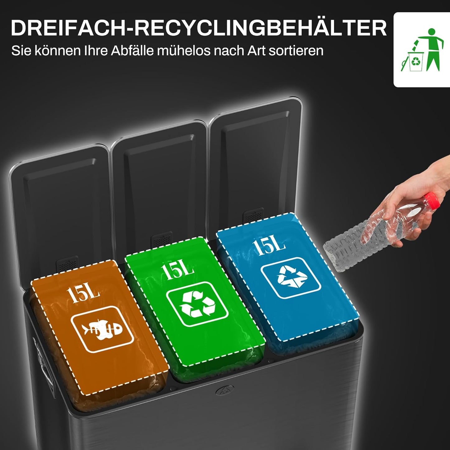 Treteimer mit Softclose und Mülltrennung, 3 Fächer, 3 x 15L Schwarz