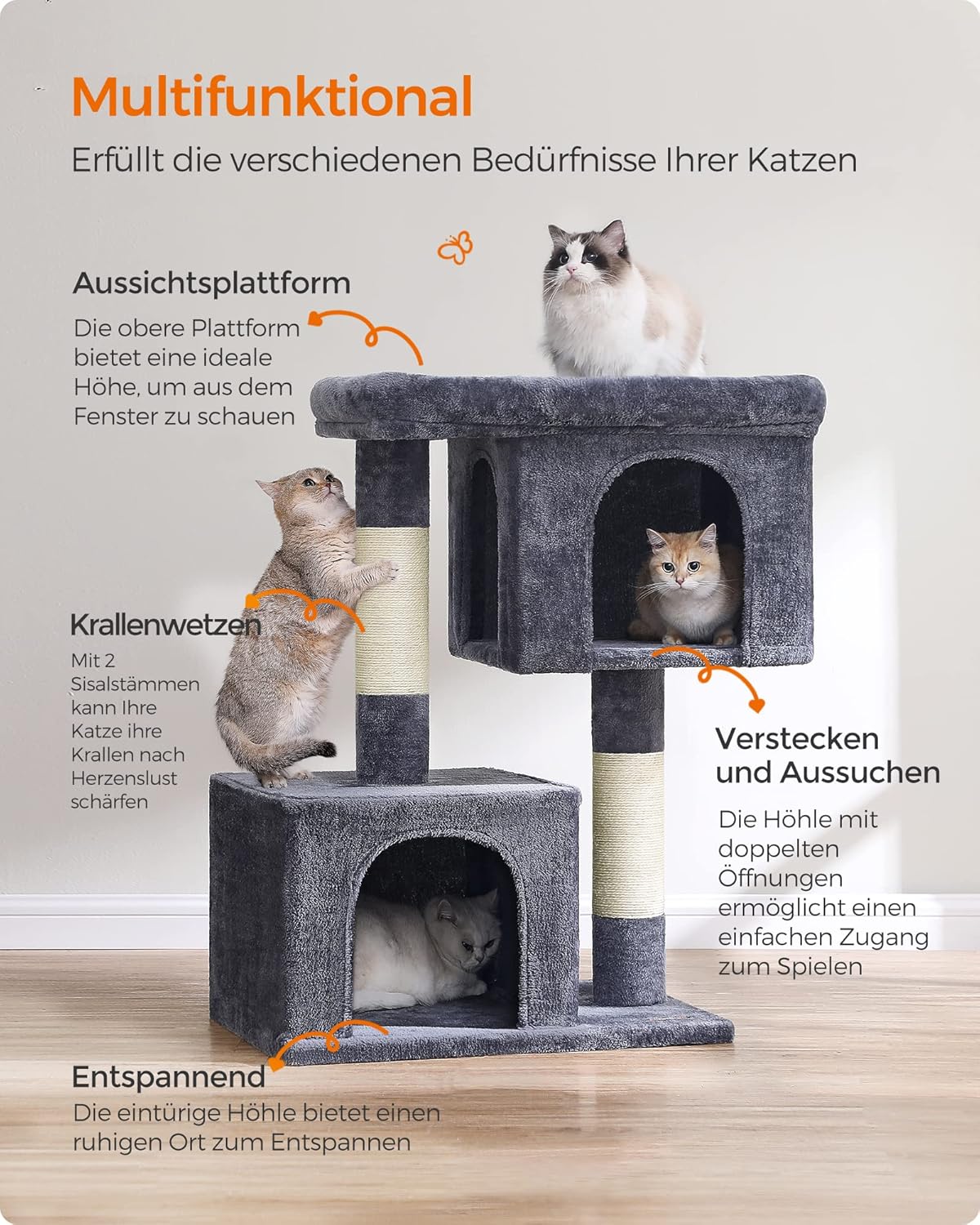 Kratzbaum mit Katzenhaus, Rauchgrau XL (68 x 48 x 101 cm)