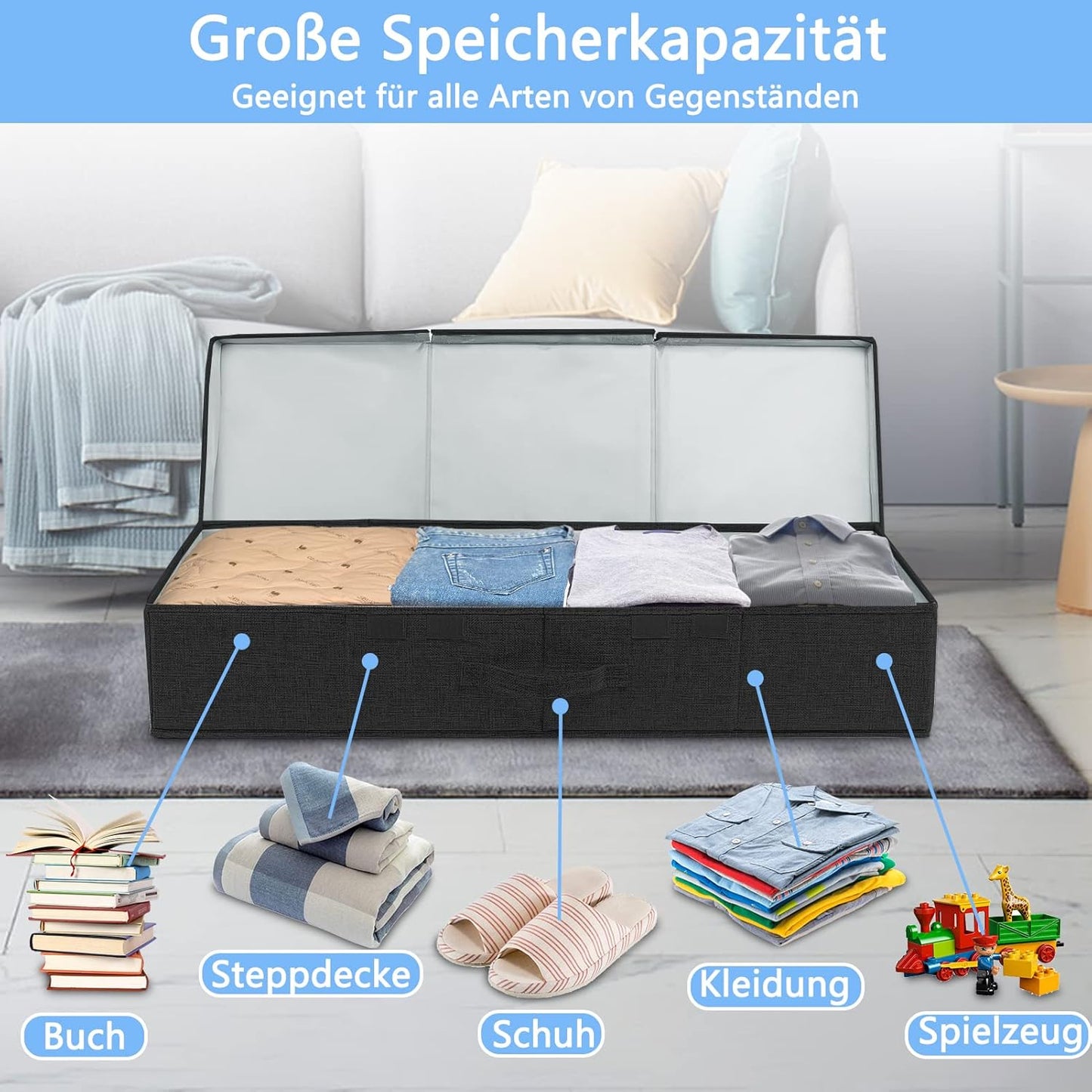 Faltbare Unterbett-Aufbewahrungsbox, 2 Stück, Schwarz
