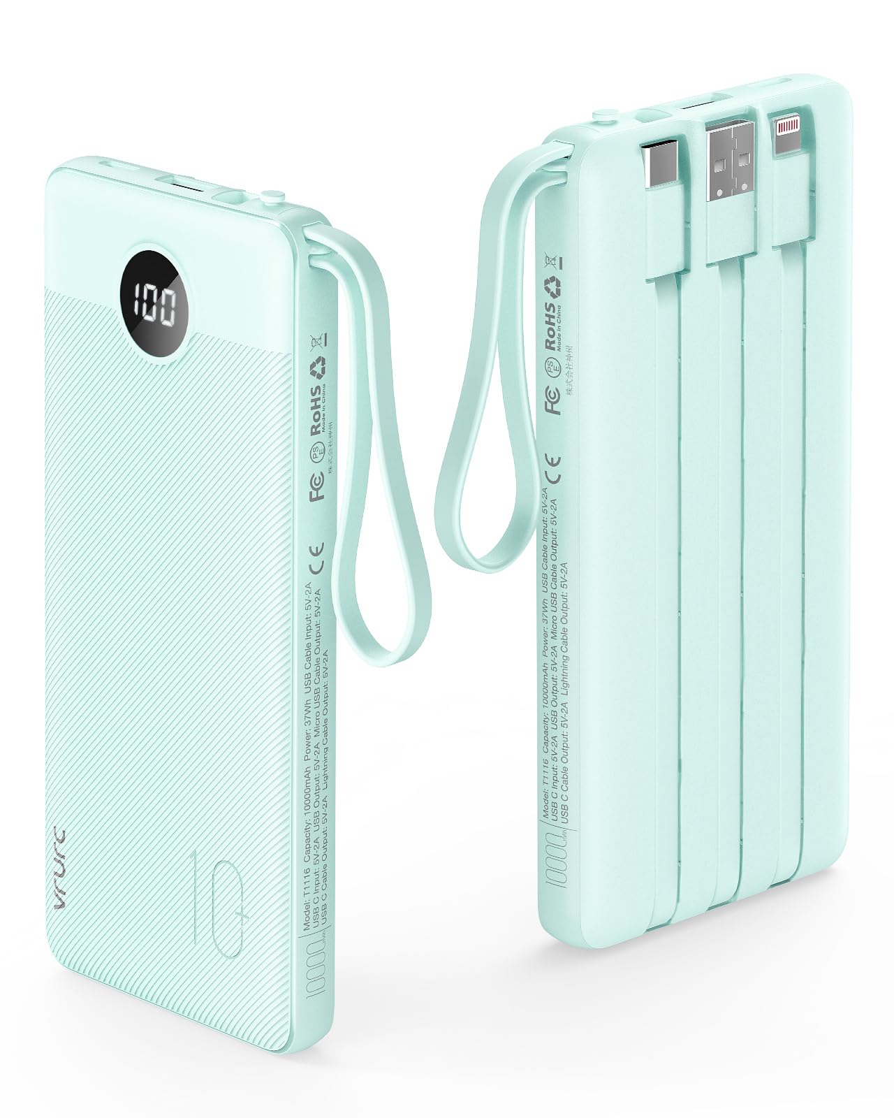 T1116 Powerbank mit 3 integrierten Kabeln, Grün