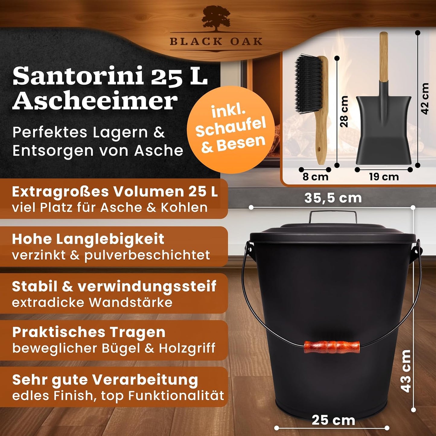Ascheeimer-Set Santorini, Santorini 25L + Feger & Schaufel