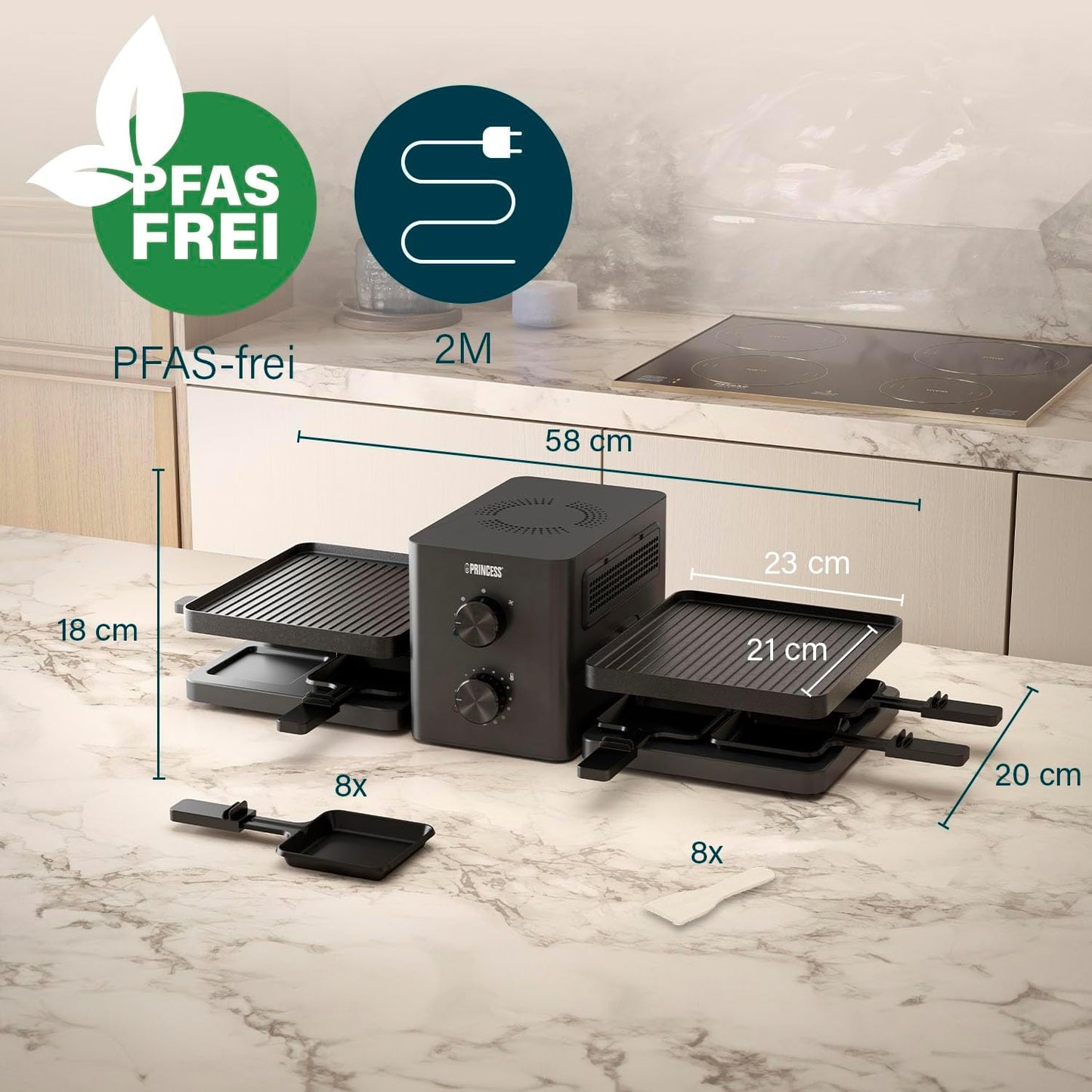 Raclette-Grill mit Luftfiltersystem für 8 Personen, Integriertes Luftfiltersystem 8 Personen