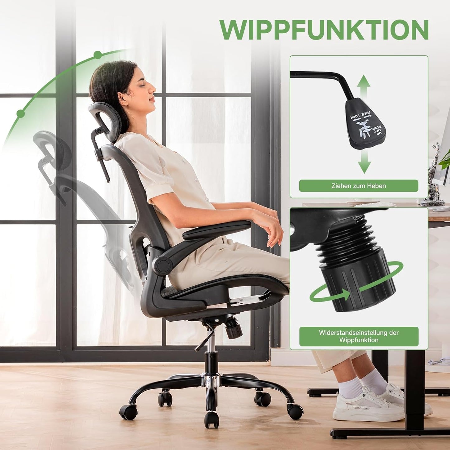 Ergonomischer Bürostuhl mit Wippfunktion, Schwarz