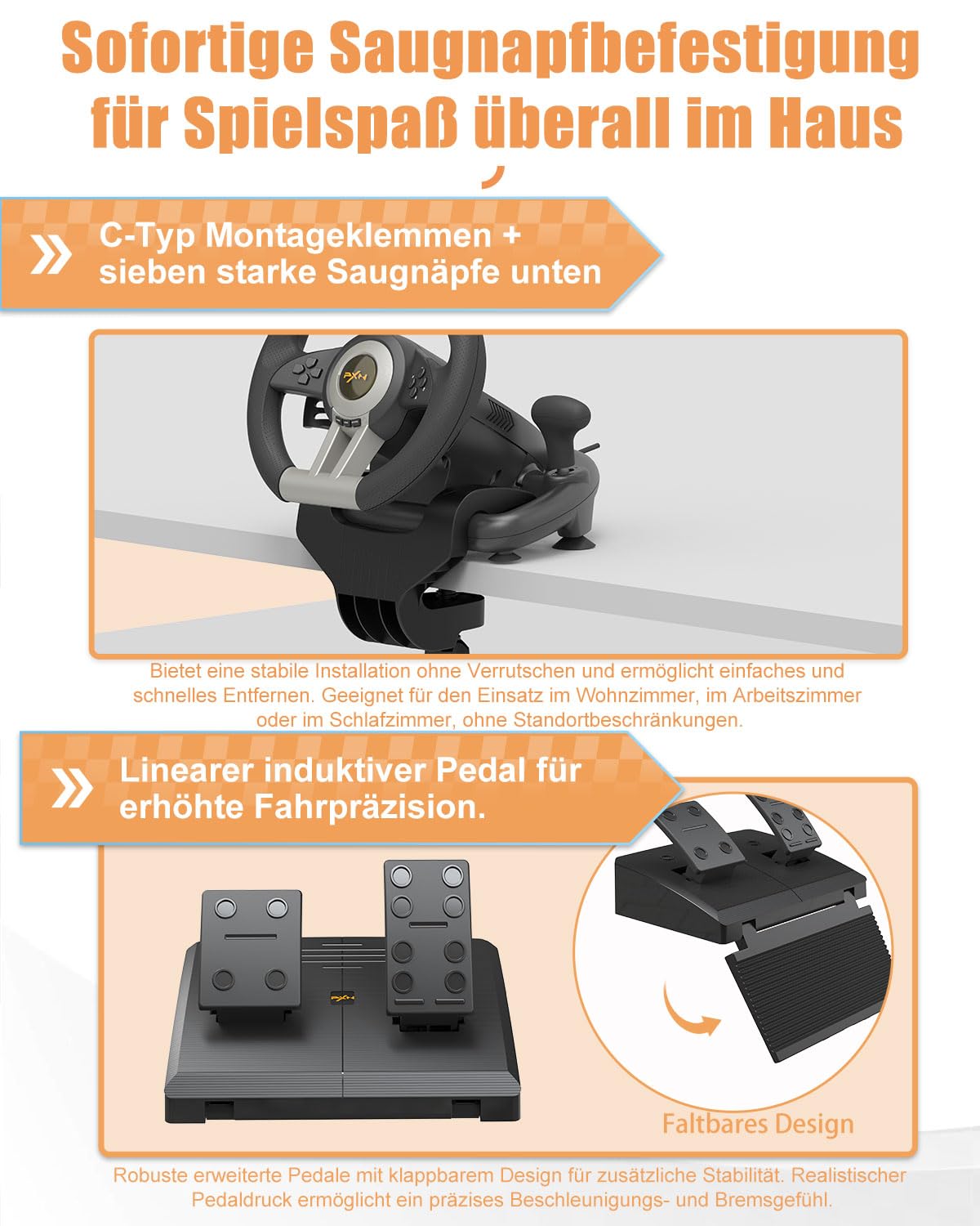 V3 Pro Gaming Lenkrad mit Pedalen, Schwarz