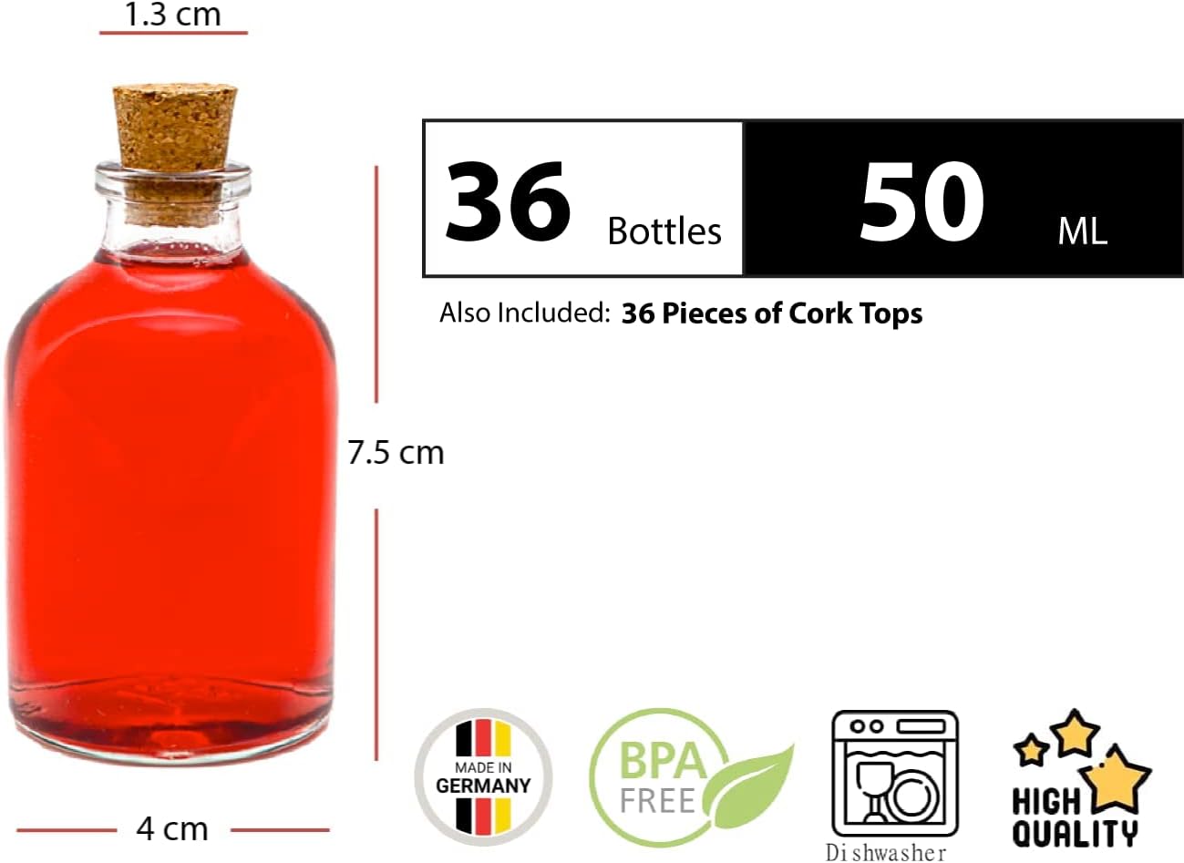 36 Mini Glasflaschen mit Korken, 50 ml 36 St