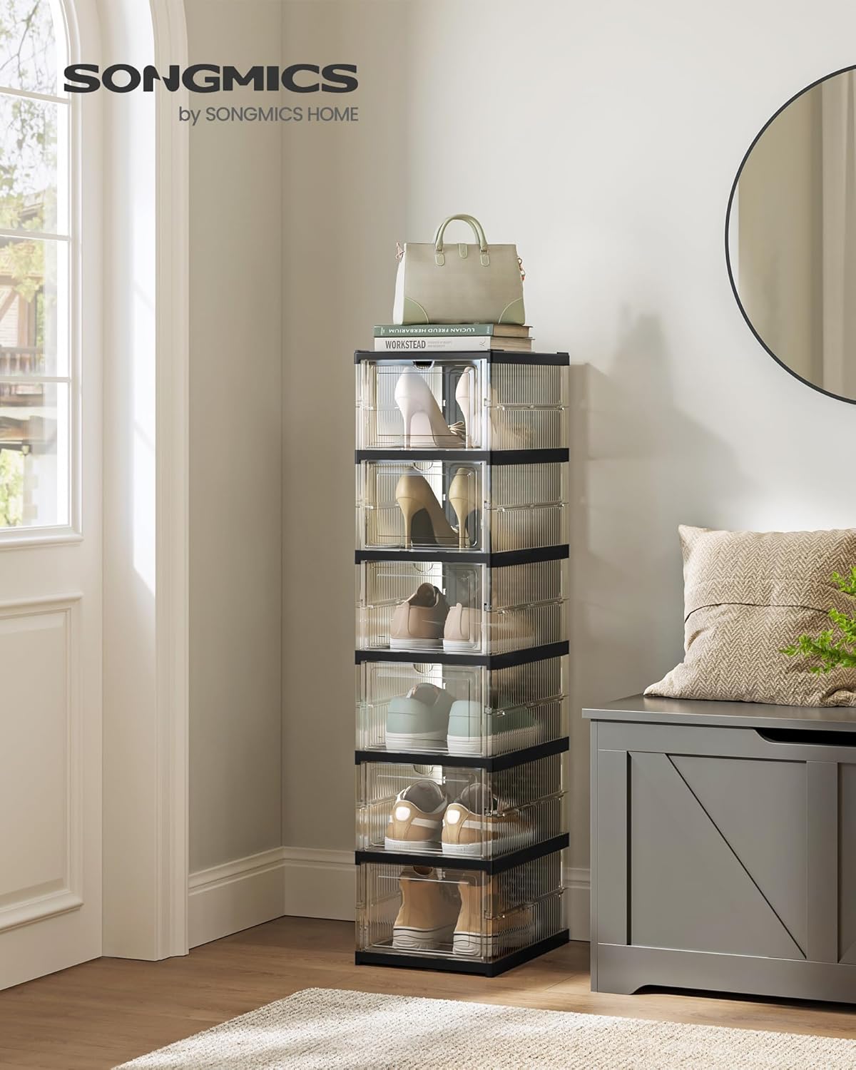 Faltbarer Schuhschrank mit Schuhboxen (Grösse bis 46), Transparent + Tintenschwarz 1